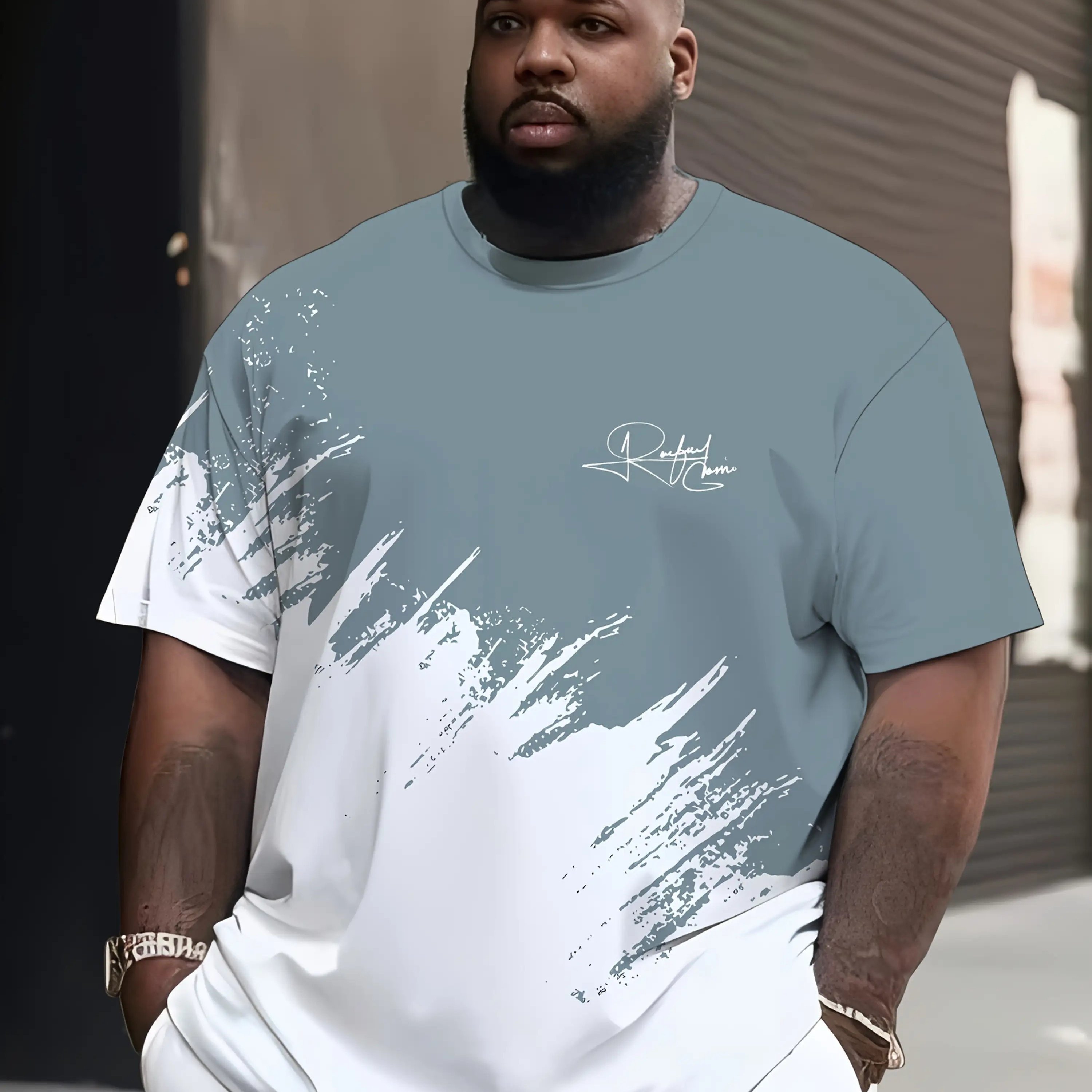 TEMU Men's Oversized Printed T-shirt With White And Gray Contrast Color Pattern, Durable Heat Transfer Technology, Print Graphic Tee, Summer Fashion