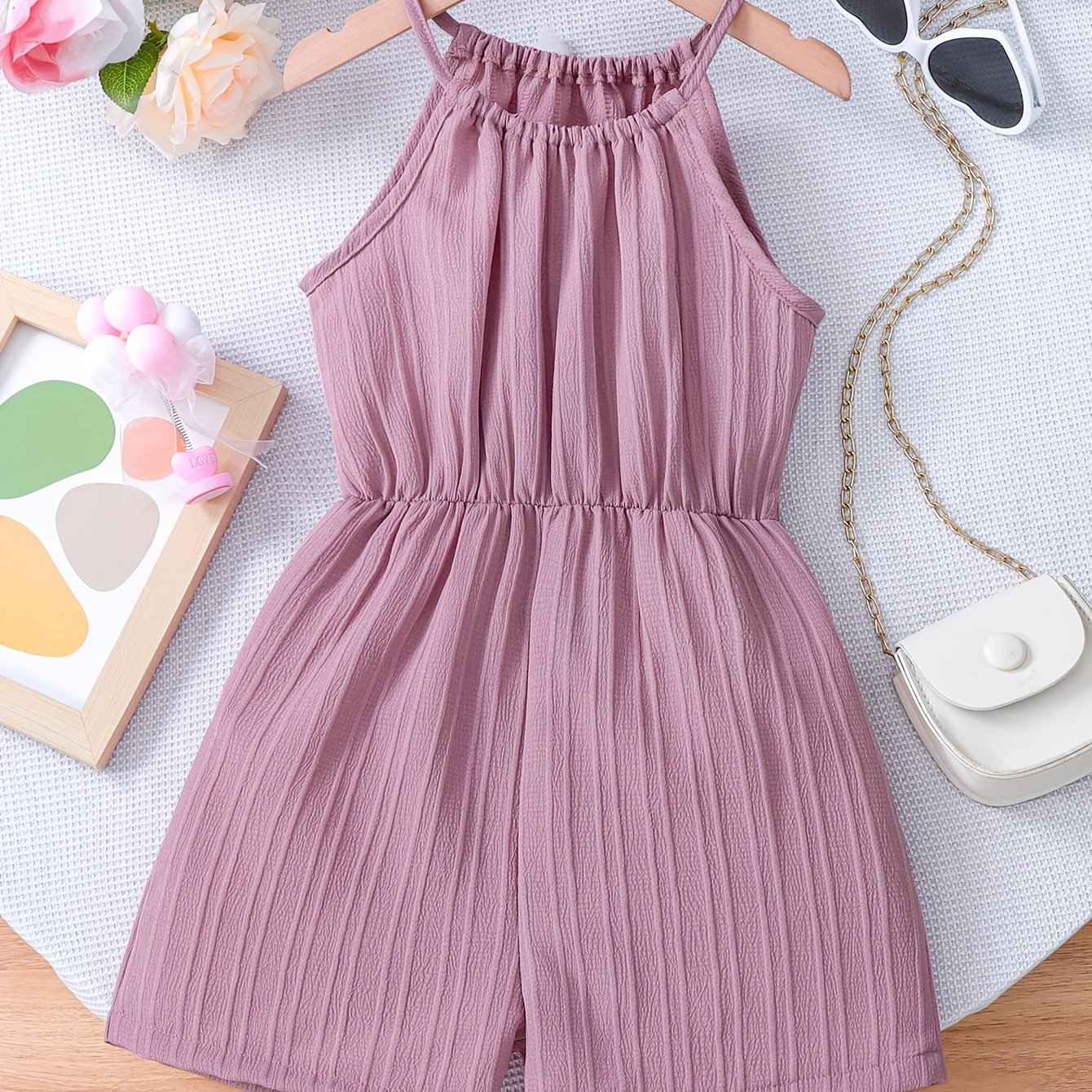 Girls' Summer Solid Texture Pattern Halter Waist-cinching Effect Summer Outing Play Romper (chest Stretch), For Outdoor