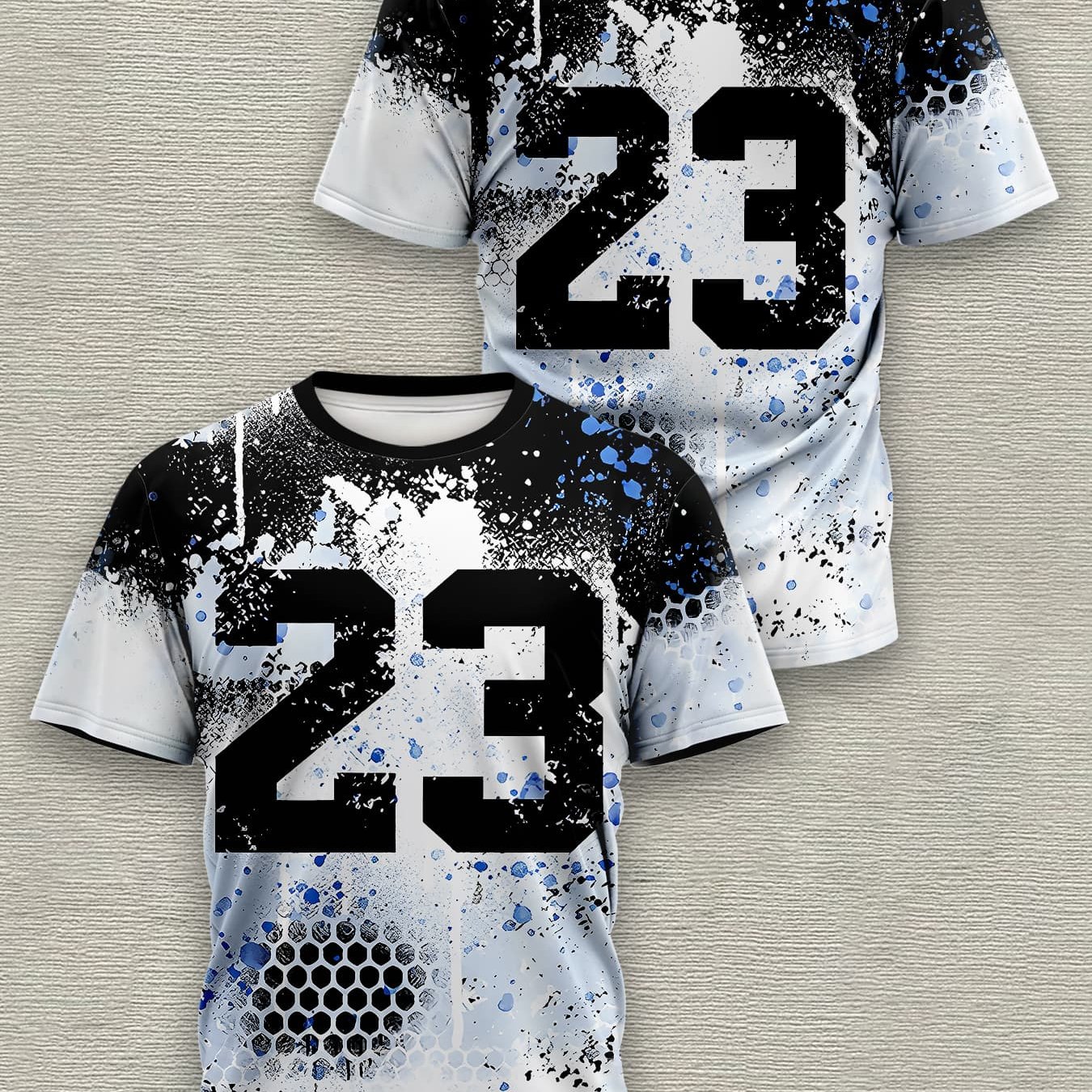 TEMU Men's Black, White, And Blue Number 23 Printed Short Sleeve T-shirt, Street Style Honeycomb Pattern Casual Top