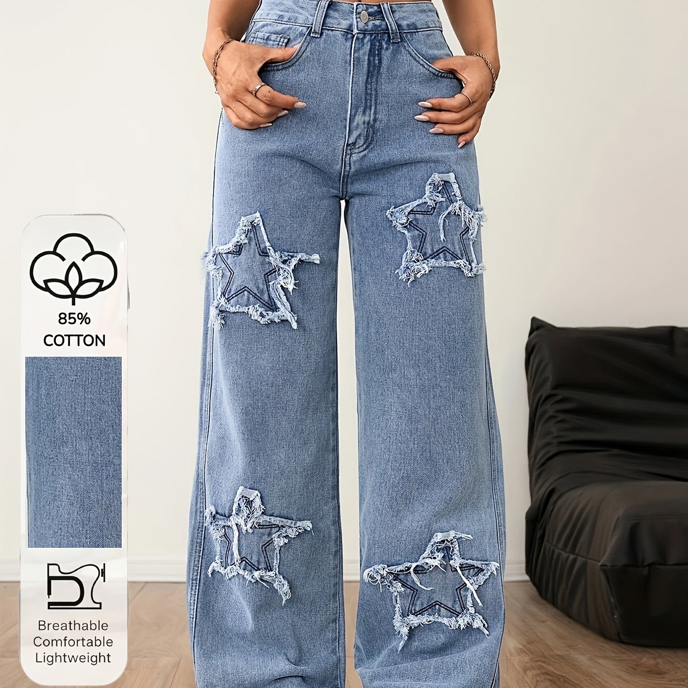 Image of High-waisted Women's Jeans With A Vintage Wash, Featuring Embroidered Stars And No Stretch, Perfect For Versatile Styling