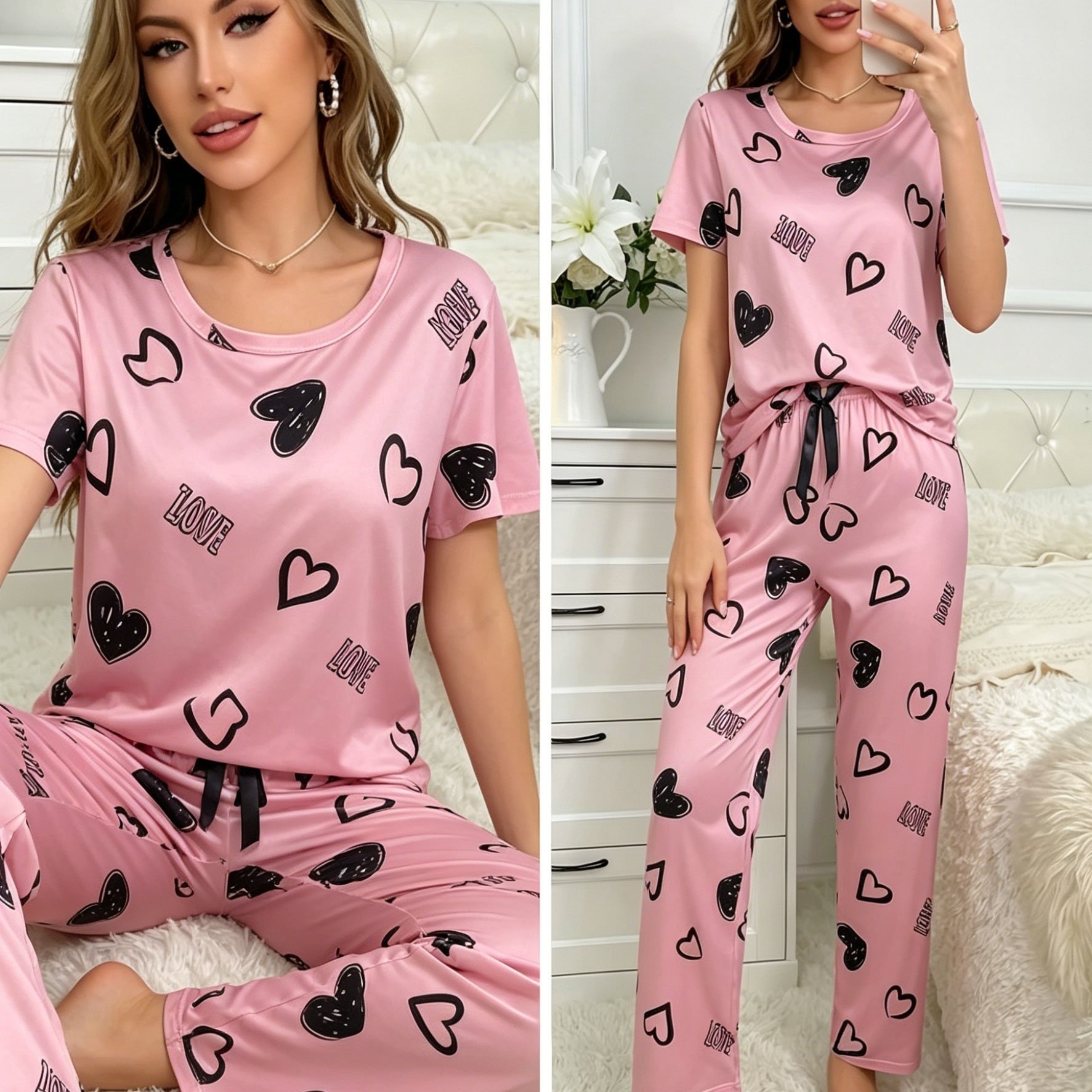 Image of Ladies' Fashion Pajama Set With Letter And Heart Print | Crew Neck, , Suitable For Fall/winter