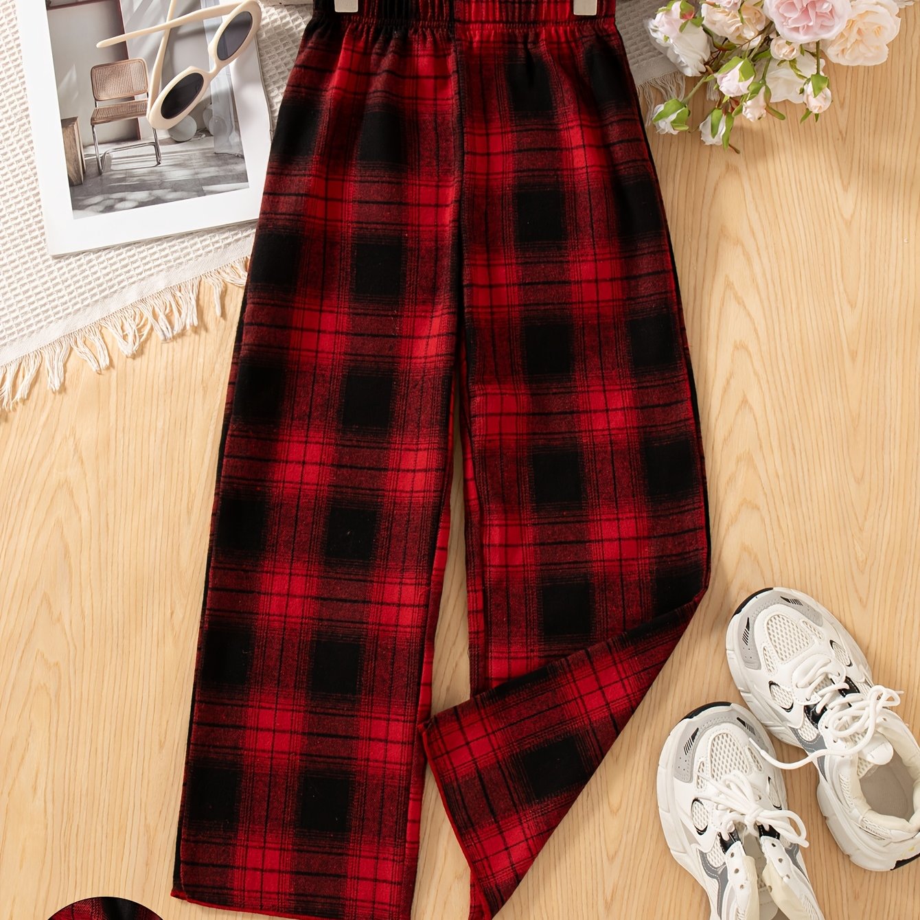 Image of Girls' Casual Leisure Outing Fashion Checkered Pattern Elastic Waistband Girls' Long Pants Spring Autumn, For Outdoor