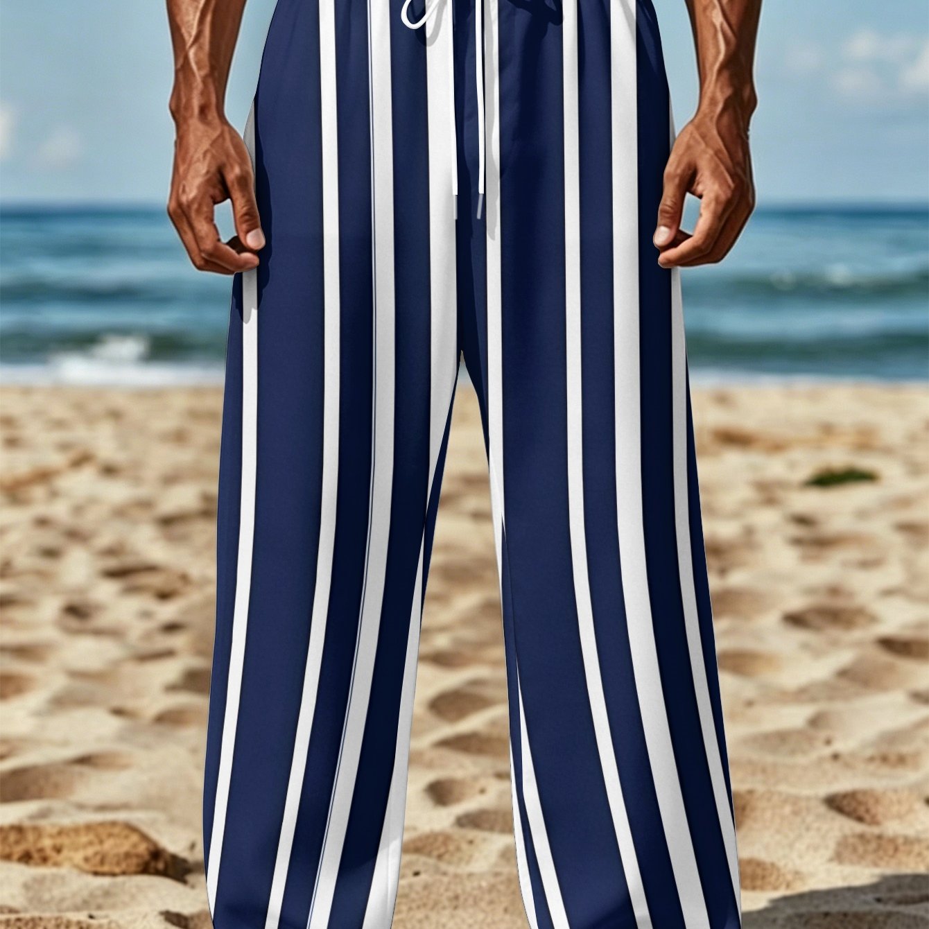 TEMU Men's Casual Long Pants With And White Vertical , Made Of Polyester Fiber, Comfortable, Stylish, And Versatile For Daily Commuting, Outdoor