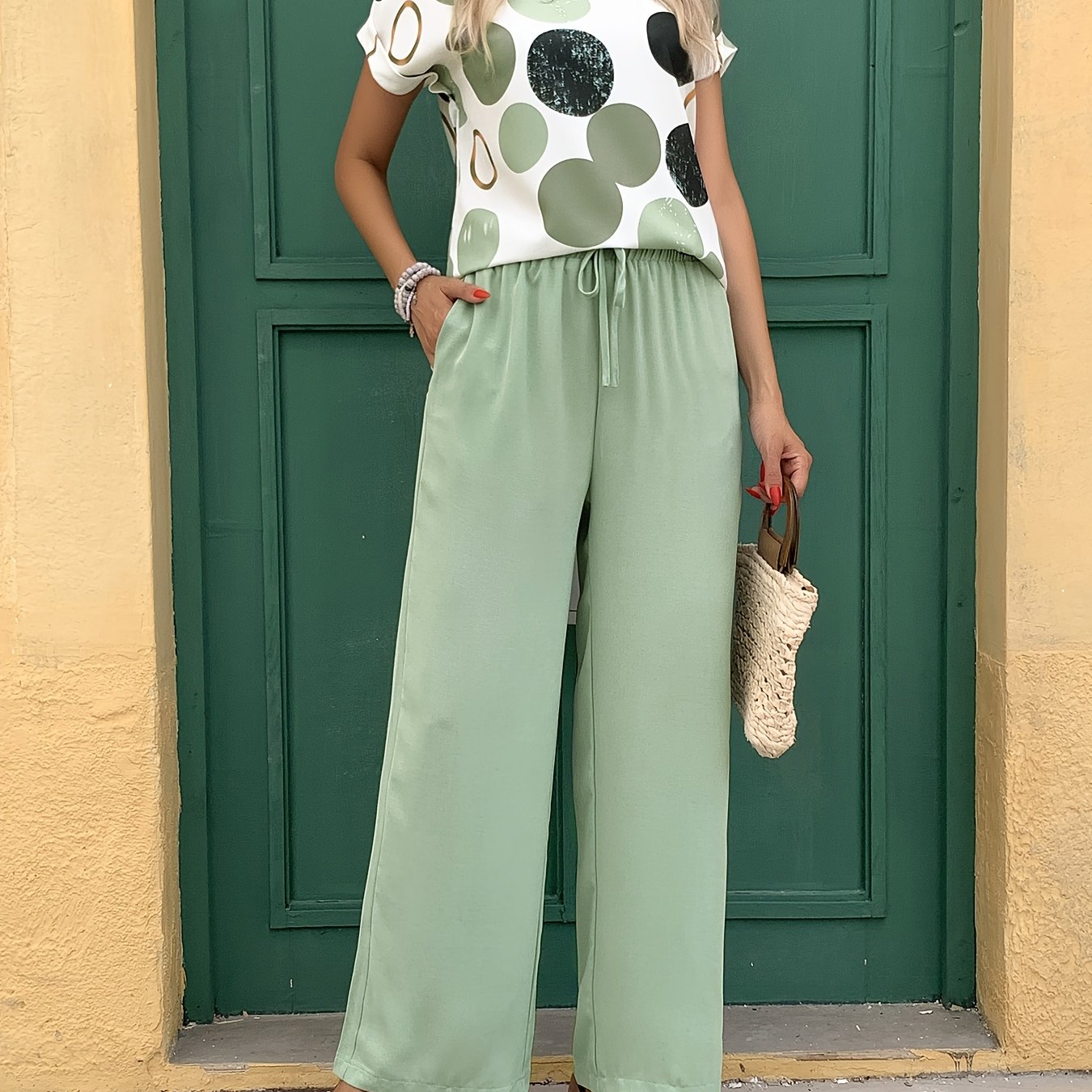 1 Set Women's Spring/summer Polka Dot Print Short Sleeve Top And Solid Color Loose Pants