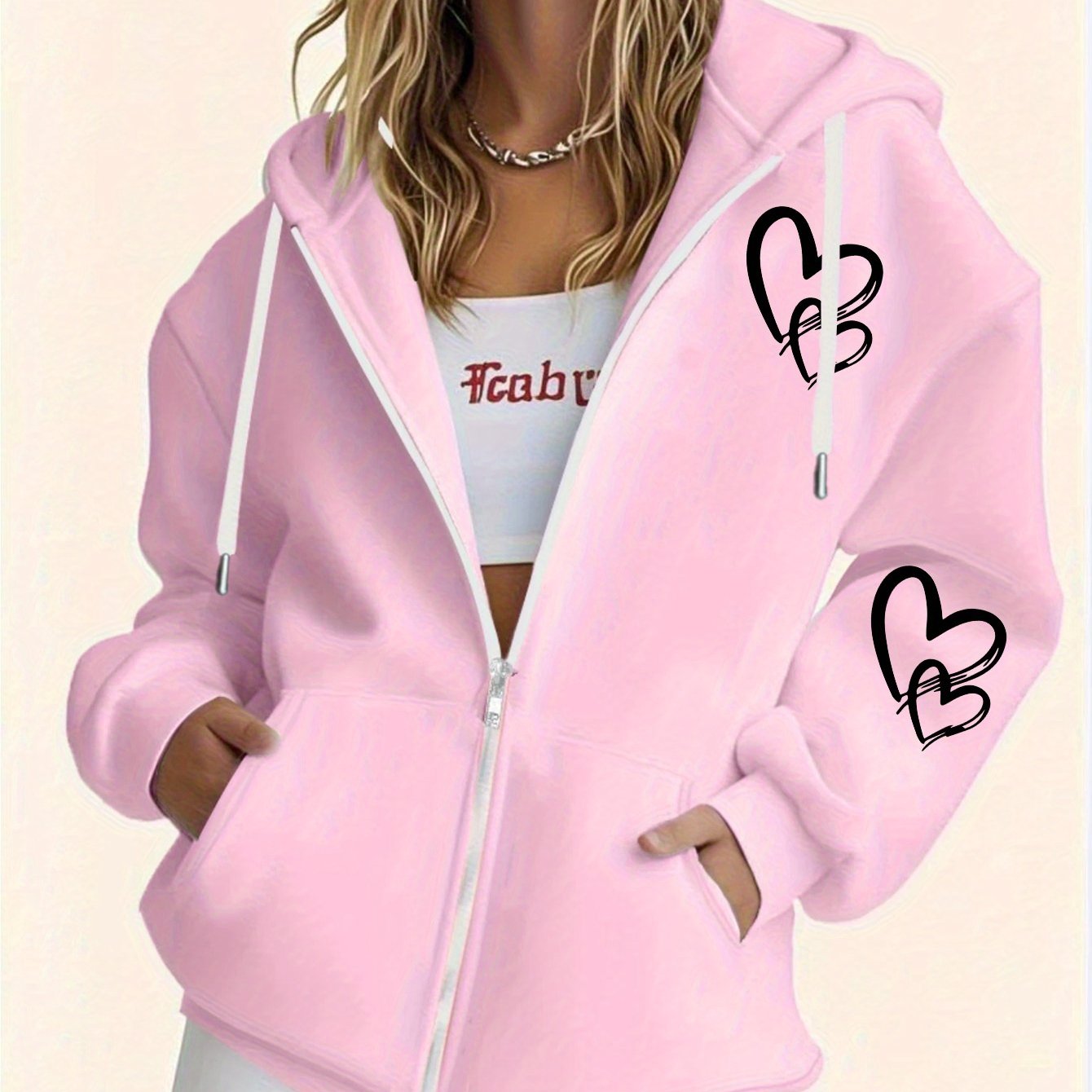 TEMU Plus Size, Women's Plus-size Casual Zip Hoodie With Heart Print, Printed Pattern On Chest And Sleeves, Machine-washable Hooded Jacket,