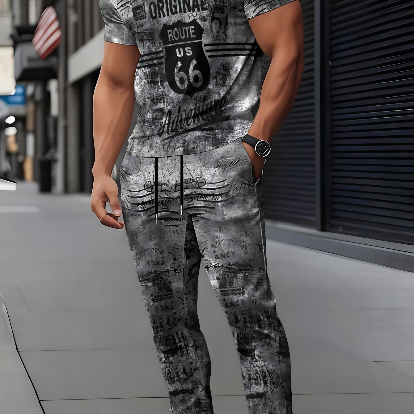 TEMU Men's Short Sleeve Round Neck T-shirt And Pants Set With 3d Print, Elegant Casual Round Neck Design With Slightly Elastic Knit, Suitable For