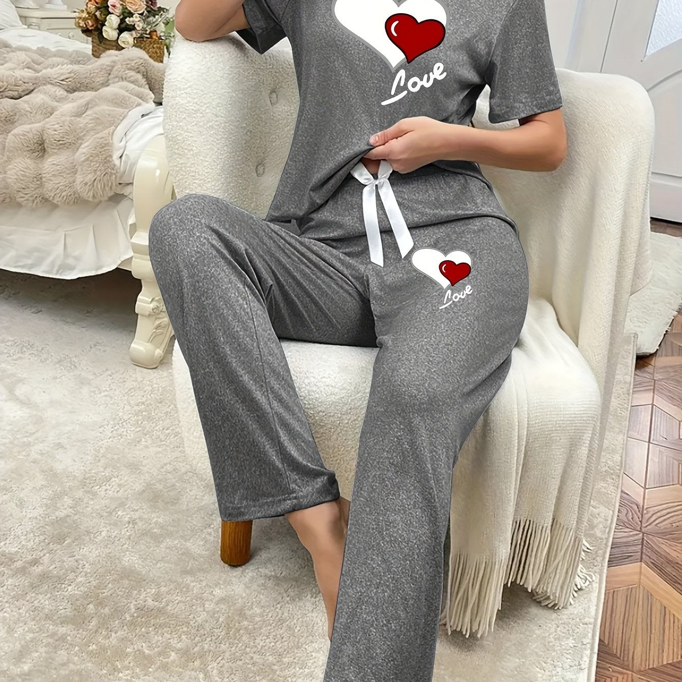Casual Leisure Suit, Women' Love Print Short Sleeve Round Neck T-shirt And Pants Pajama Two-piece Set Casual Comfortable Clothes