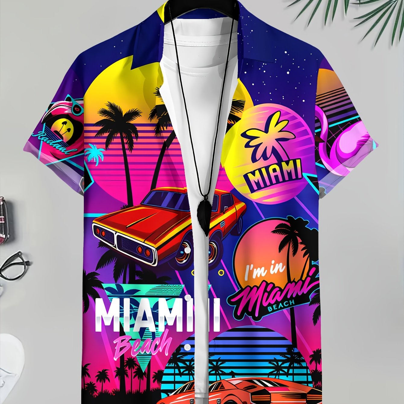 TEMU Men's New Casual Purple-pink Miami Beach Short-sleeve Shirt