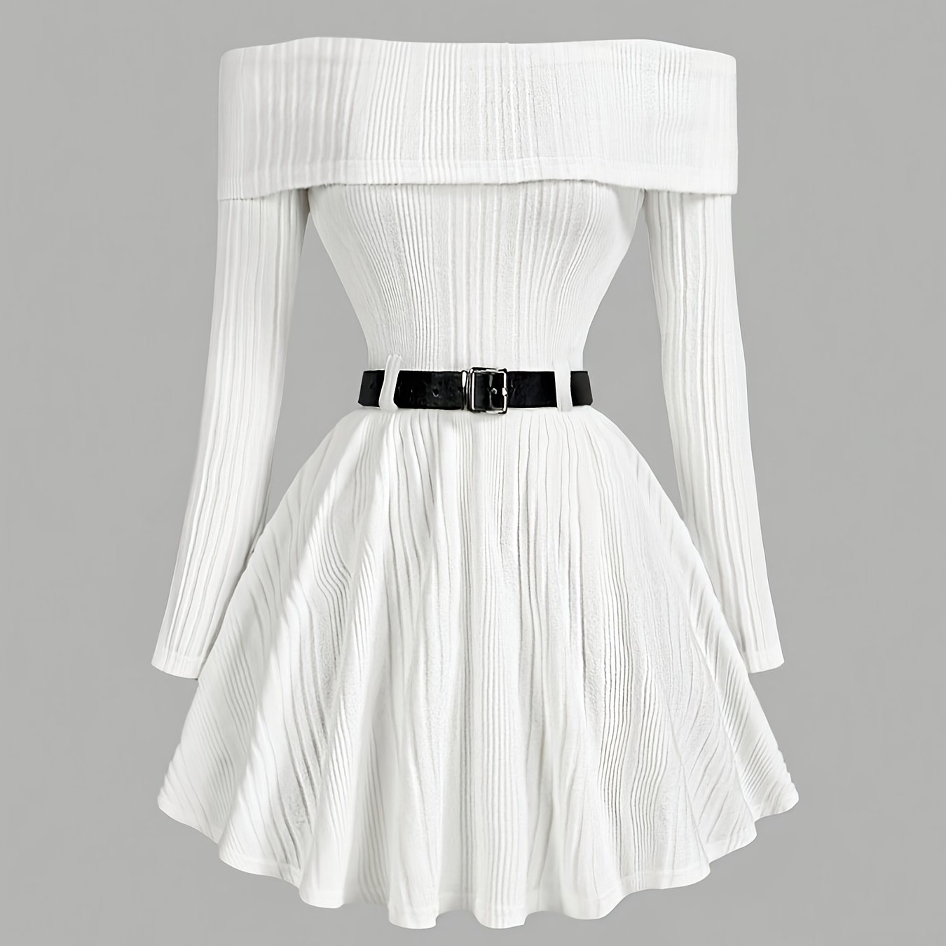 E-shop Elegantes Damen Kleid mit schräger Träger und einiger Schulter, Taillenbetonung - Einfarbiges A-Linien Kleid mit langen Ärmeln,