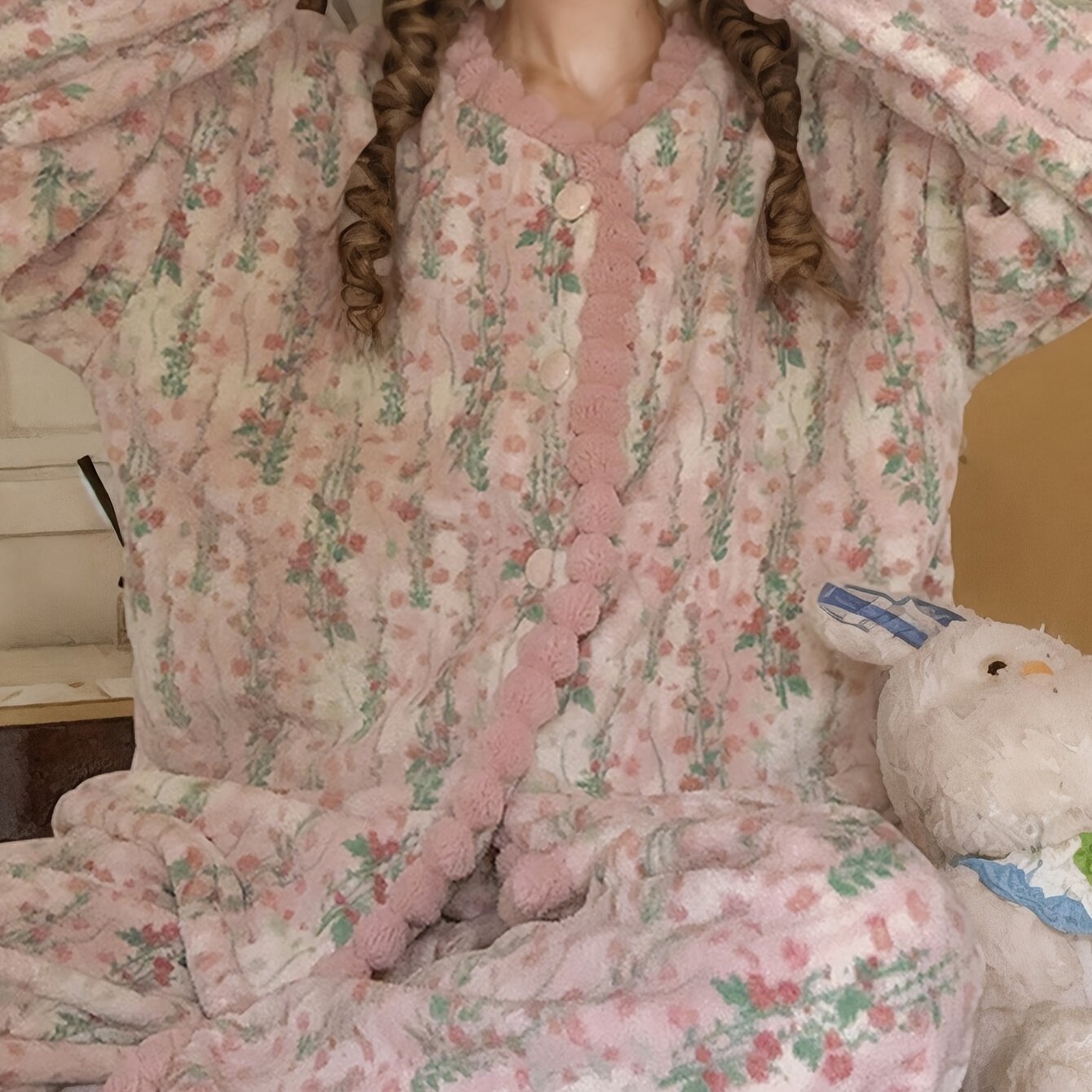 TEMU Pijama de vellón de coral para mujer, otoño invierno, , , larga, pantalones largos, ropa para el hogar