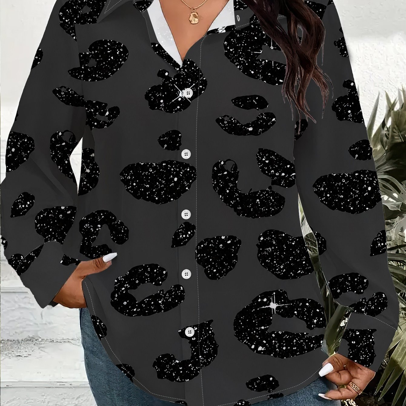 TEMU Women's Plus Size Button- Shirt, Long Sleeve Printed Casual Loose Fit Blouse For Daily Wear, Fashionable Top Sizes 1xl-9xl, Women's Clothing