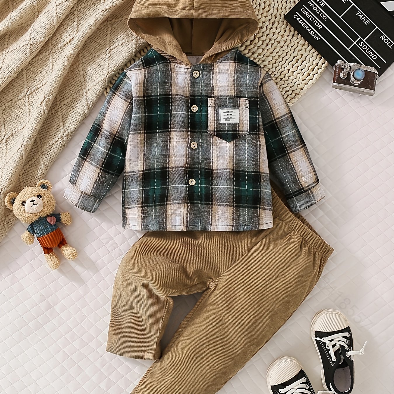 Image of Baby Boy Checked Hooded Shirt And Corduroy Long Pants Two-piece Set, Infant And Toddler Casual Outfit For Spring And Autumn, For Outdoor