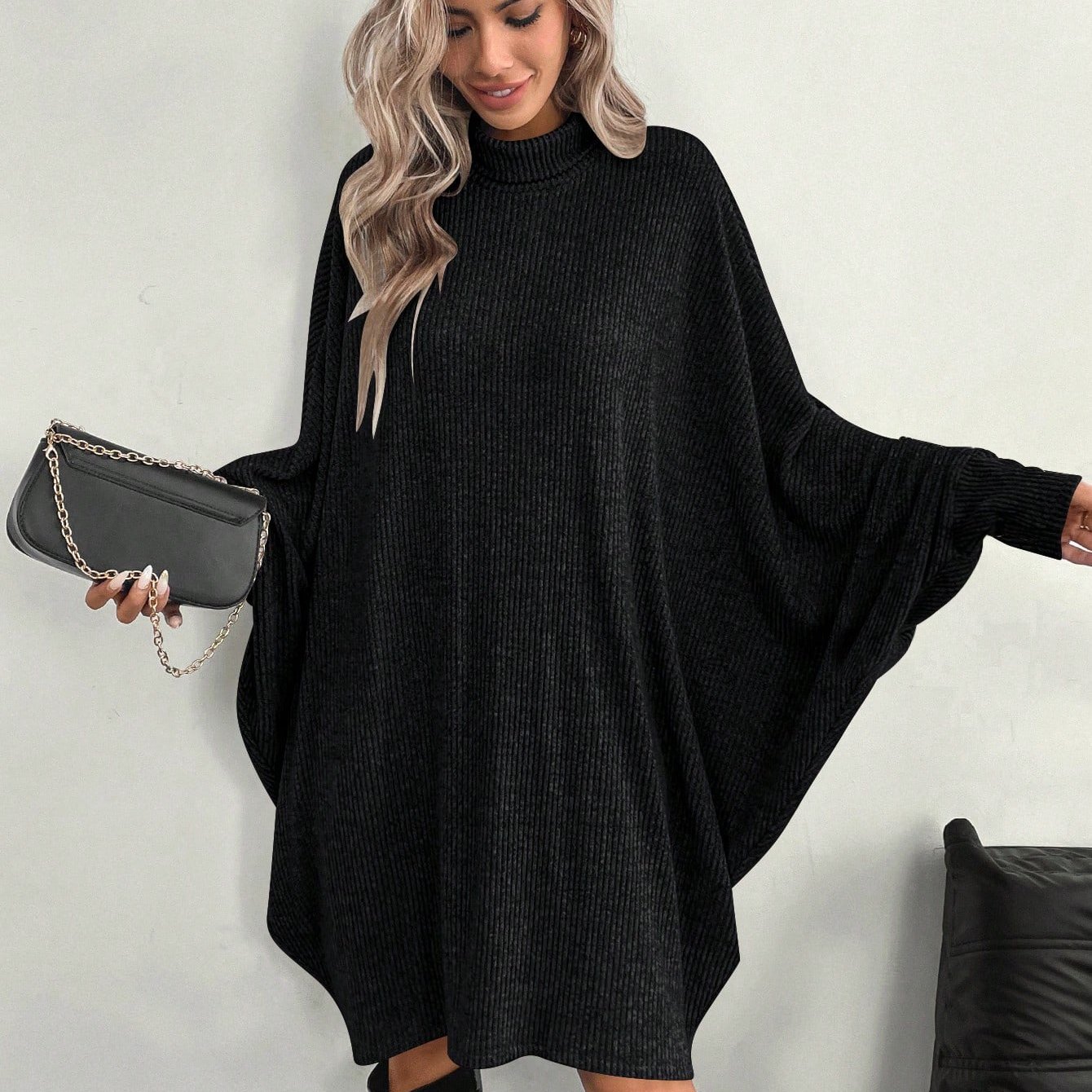 TEMU Autumn/winter High Neck Ribbed Batwing Sleeve Dress - Loose Fit Midi-length Flattering Skirt, For Casual Homewear, Streetwear, And Outing
