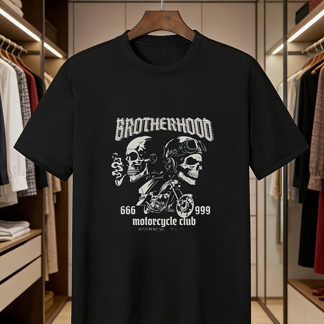 Men's T-shirt Featuring A Motorcycle Club Print With Skulls And Biker Theme, Made Of , Wear And Summer Men's T-shirts, Anime Style T-shirts, Street Style