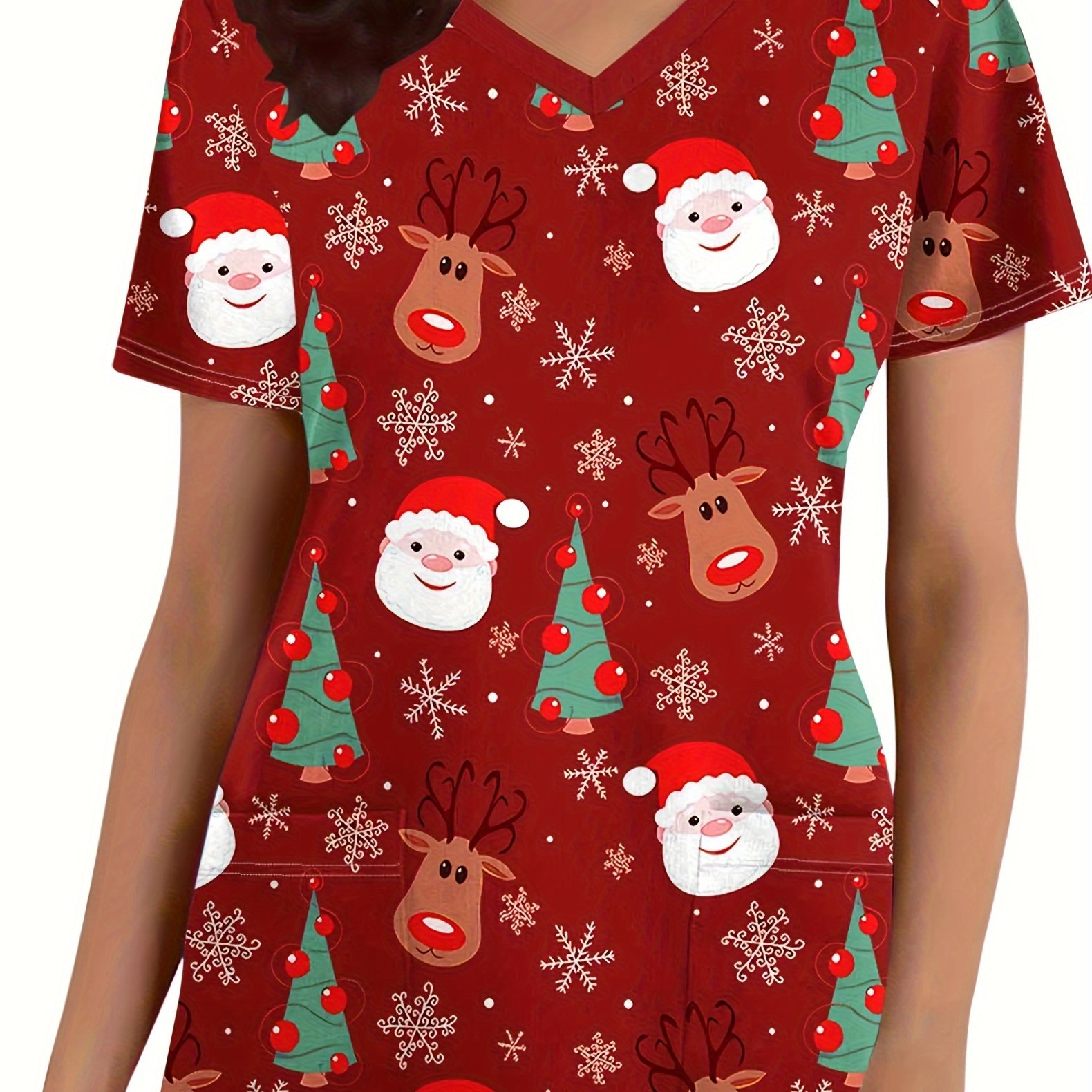 TEMU Christmas Women's T-shirt, Christmas Women's Nurse Uniform, Christmas Deer, Christmas Tree, Snowflake Print V-neck Short Sleeve, Soft Nurse