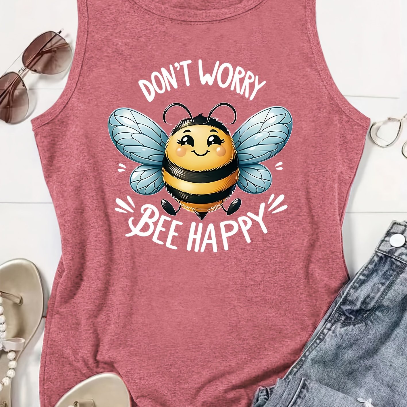 TEMU Elegant Women's Vest With Bee Pun Theme, Printed Pattern, Round Neck, Comfortable, Soft, And Breathable, New Spring/summer/autumn/winter T-shirt