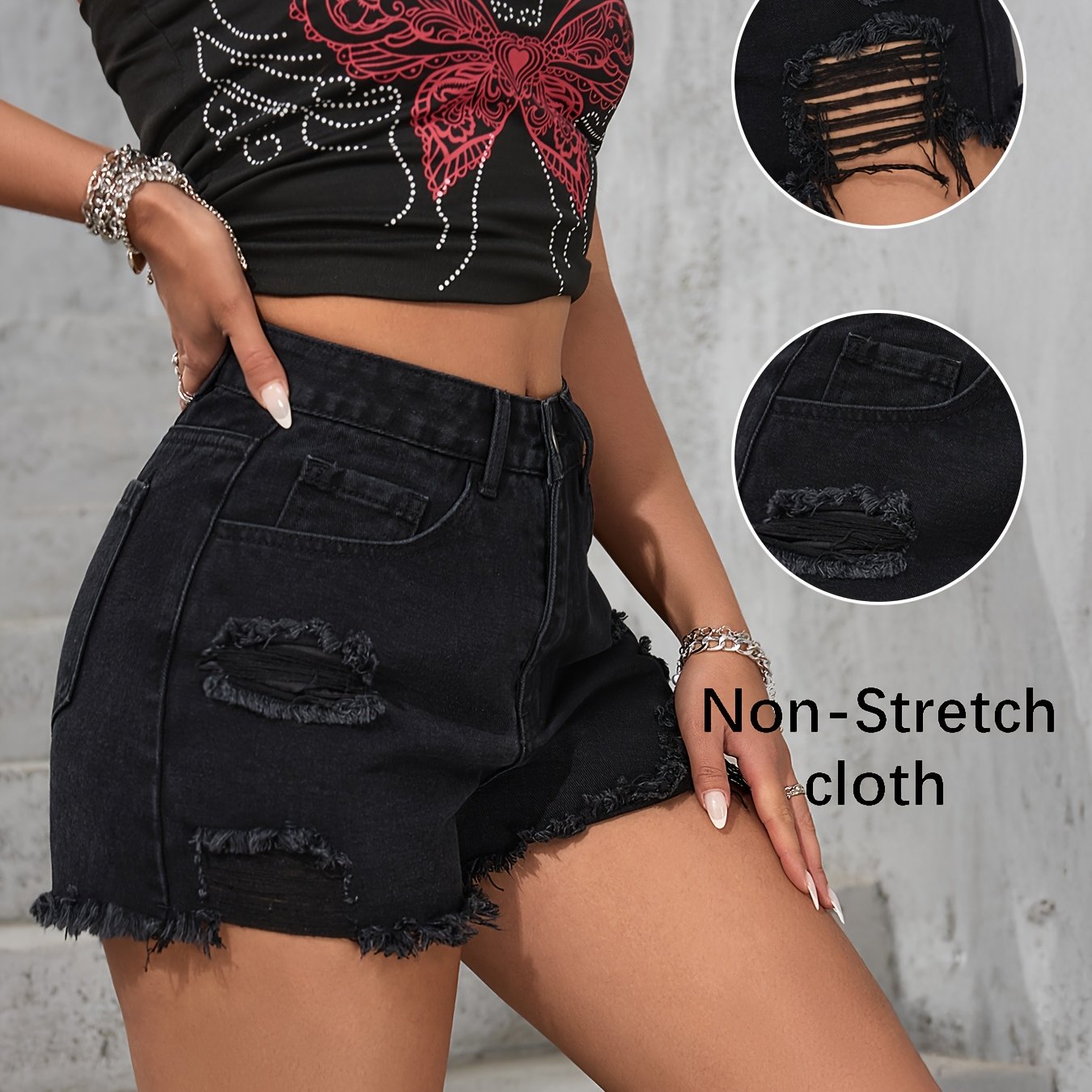 Image of Women's Ripped And Frayed Casual Black Denim Shorts With Pockets