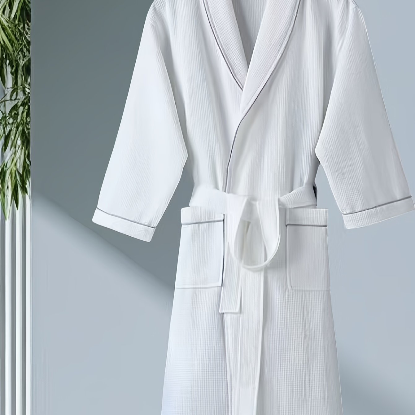 Image of 1 Pack Of Men's All Cotton Waffle Shawl Collar, Sweat Absorbing And Breathable Bathrobe, Hotel Yukata, Couple's Casual And Fashionable Home Swimming Essential Pajamas
