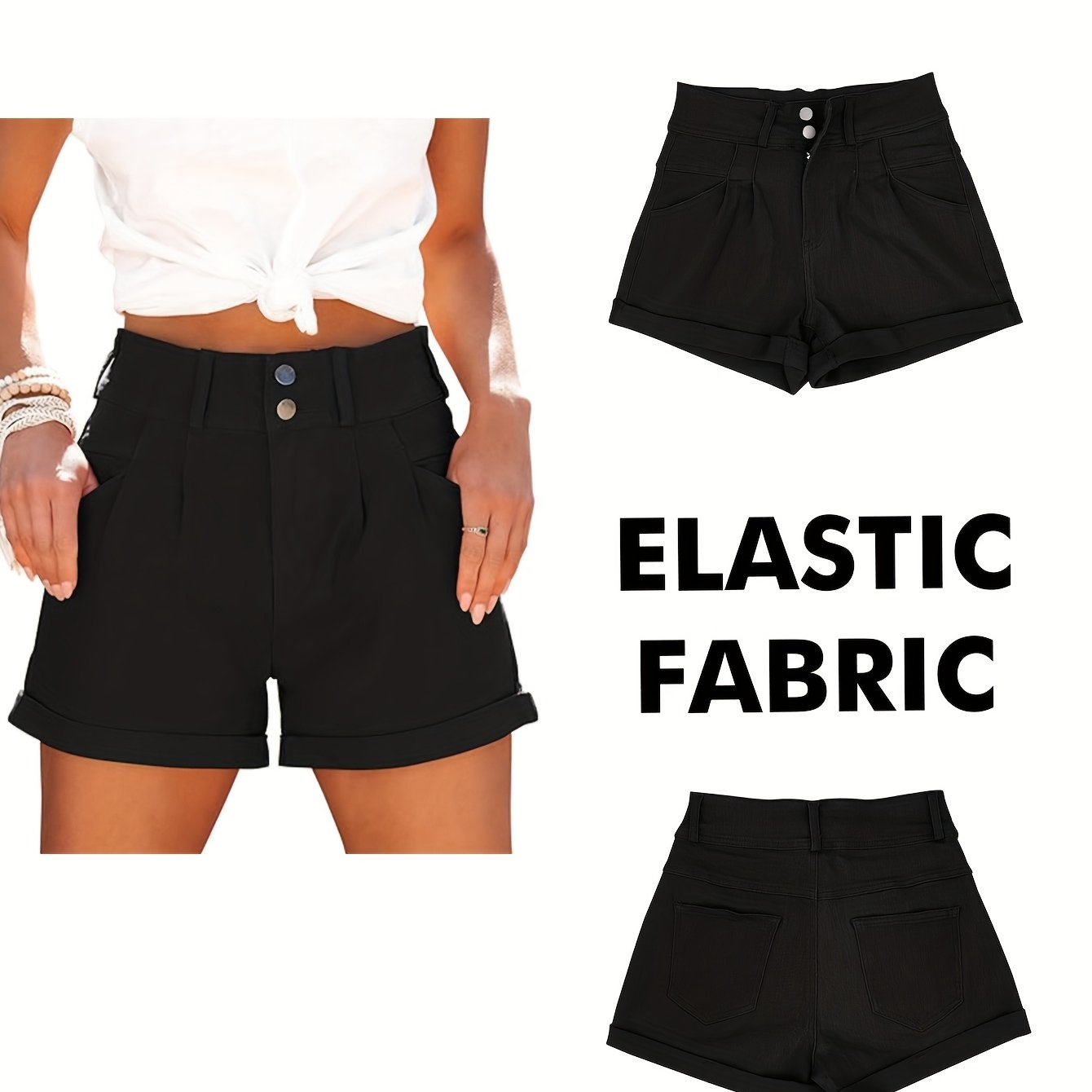 Image of Women's High-waisted Stretch Pleated Hem Casual Elegant Denim Shorts