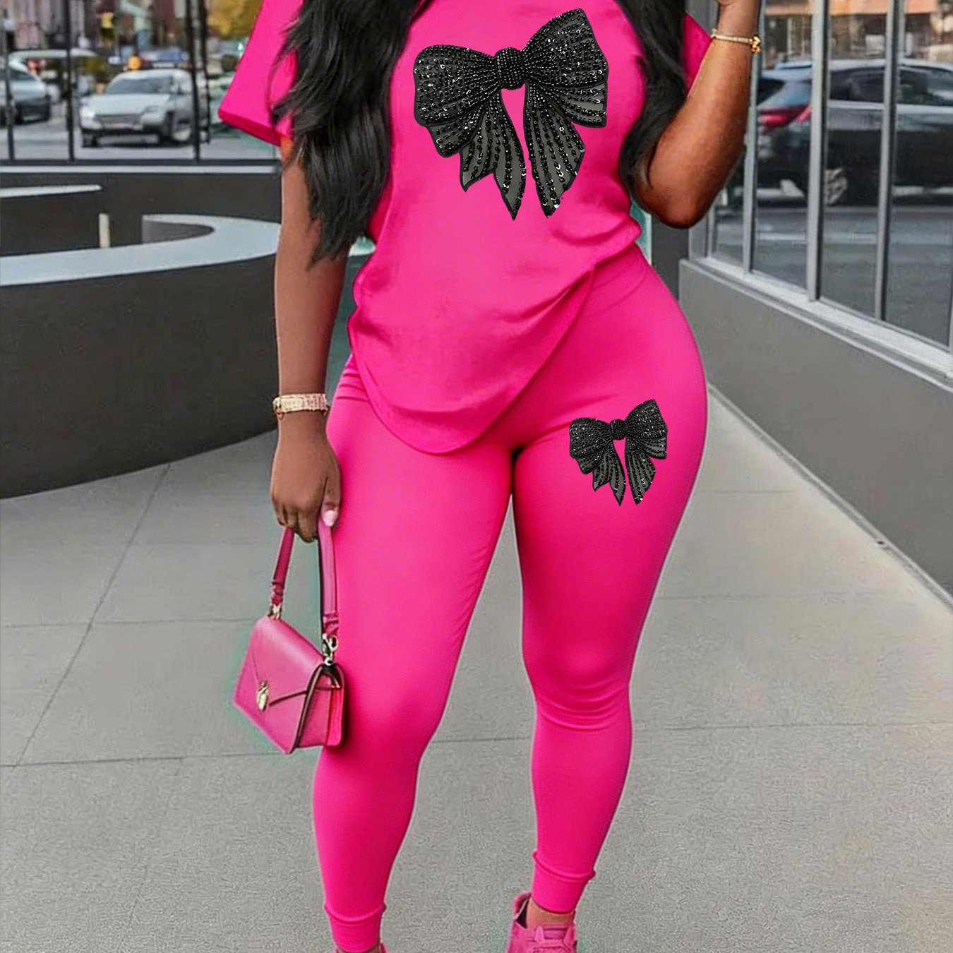 TEMU Shimmering Bow Fashion Creative Print Pattern Spring Summer Casual Women's Easy Trendy Women's Wear Round Neck Short Sleeve Long Pants Set