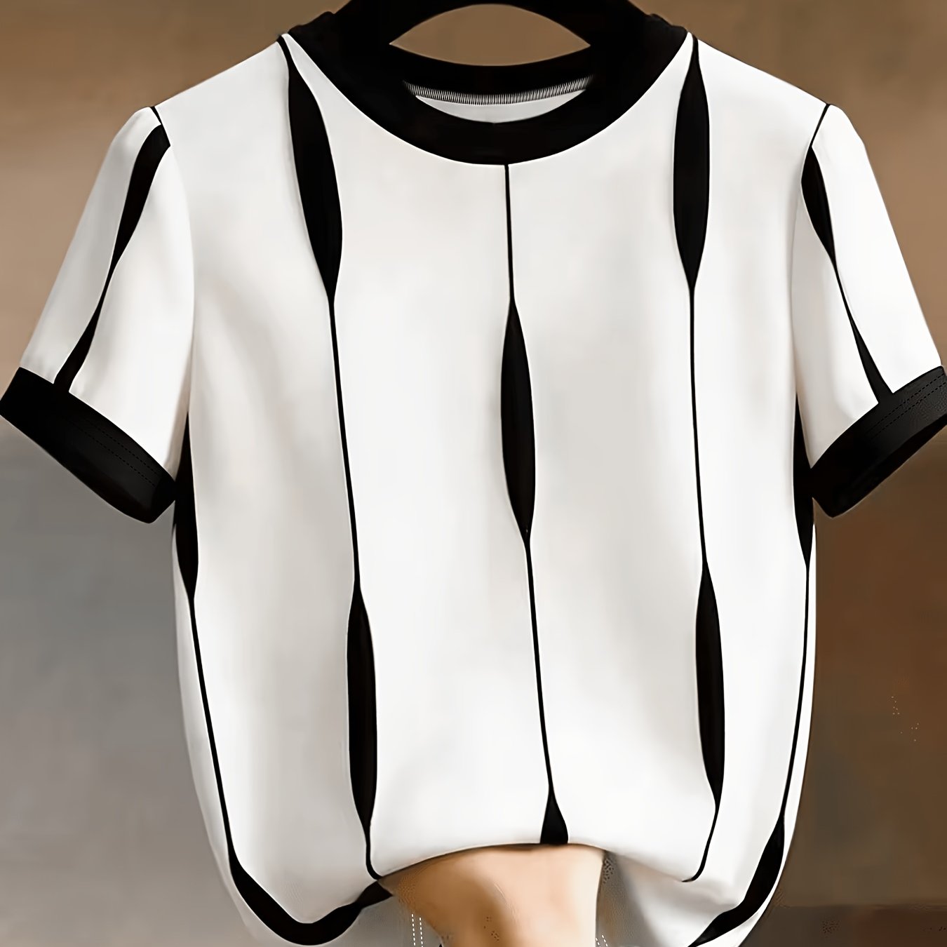 TEMU Simple And Elegant Black And White Line Short-sleeve Top, Featuring Clean Tailoring And A Contrasting Collar Trim, Versatile And Sophisticated
