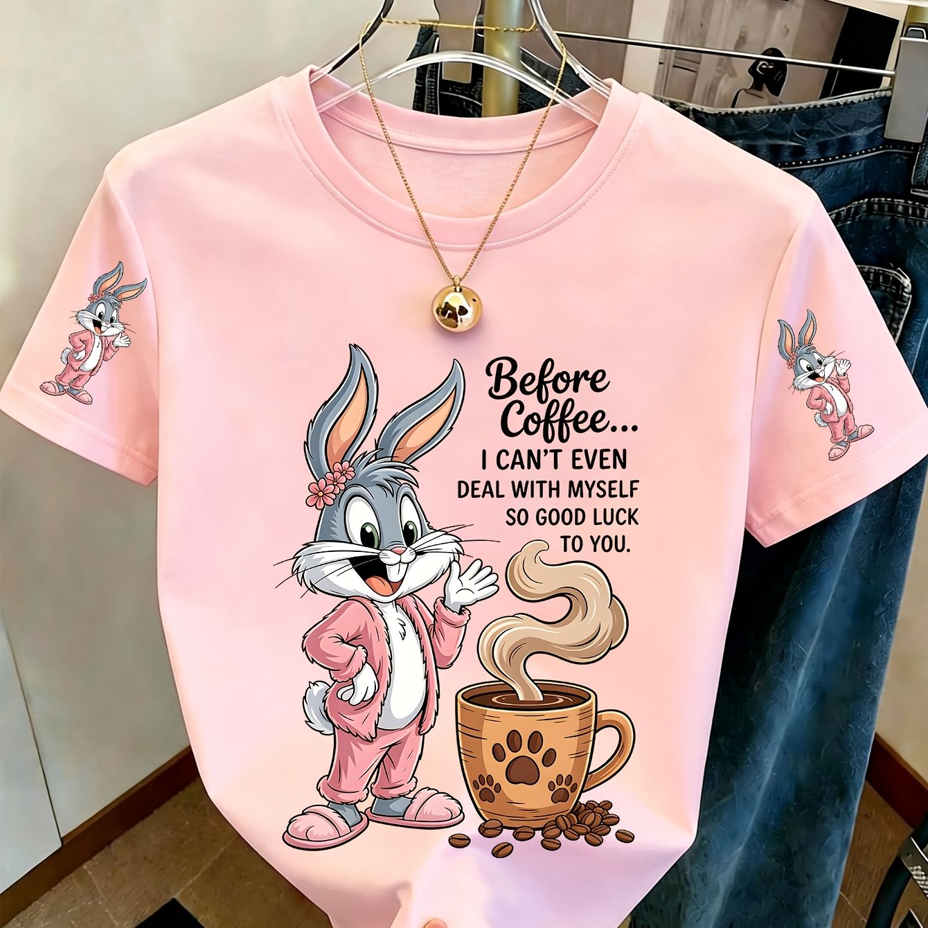 TEMU Wb Women's. Officially Licensed T-shirt - Rabbit & Print Short Sleeve Round Neck Top, Soft Breathable Suitable For All- Casual Wear, Machine