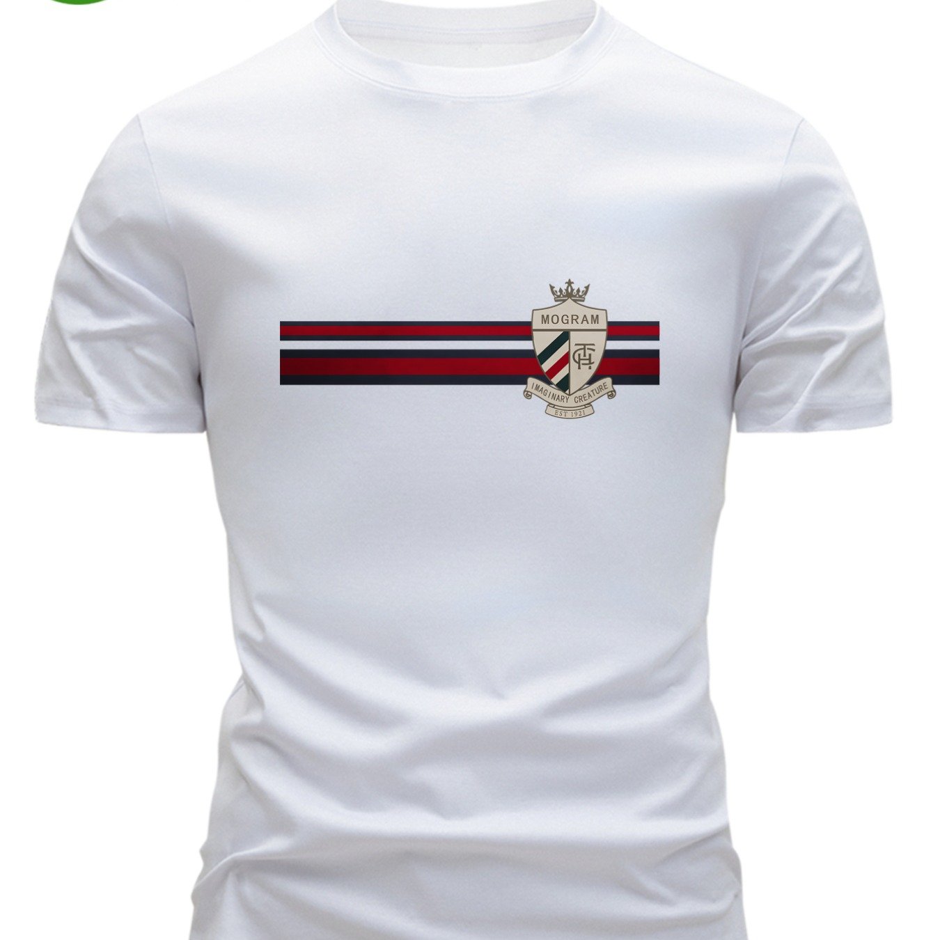 Men's 100% T-shirt, Summer Short Sleeve Slim , Trendy Versatile Casual Round Neck Base Layer Shirt With Crown Shield Stripe Badge Design To Showcase