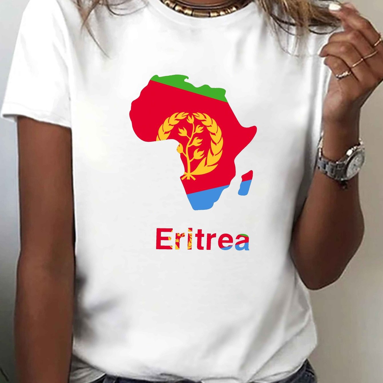 TEMU Casual Short-sleeve Crew Neck T-shirt Featuring Of Eritrea, Perfect For Summer And Spring, Designed For Women