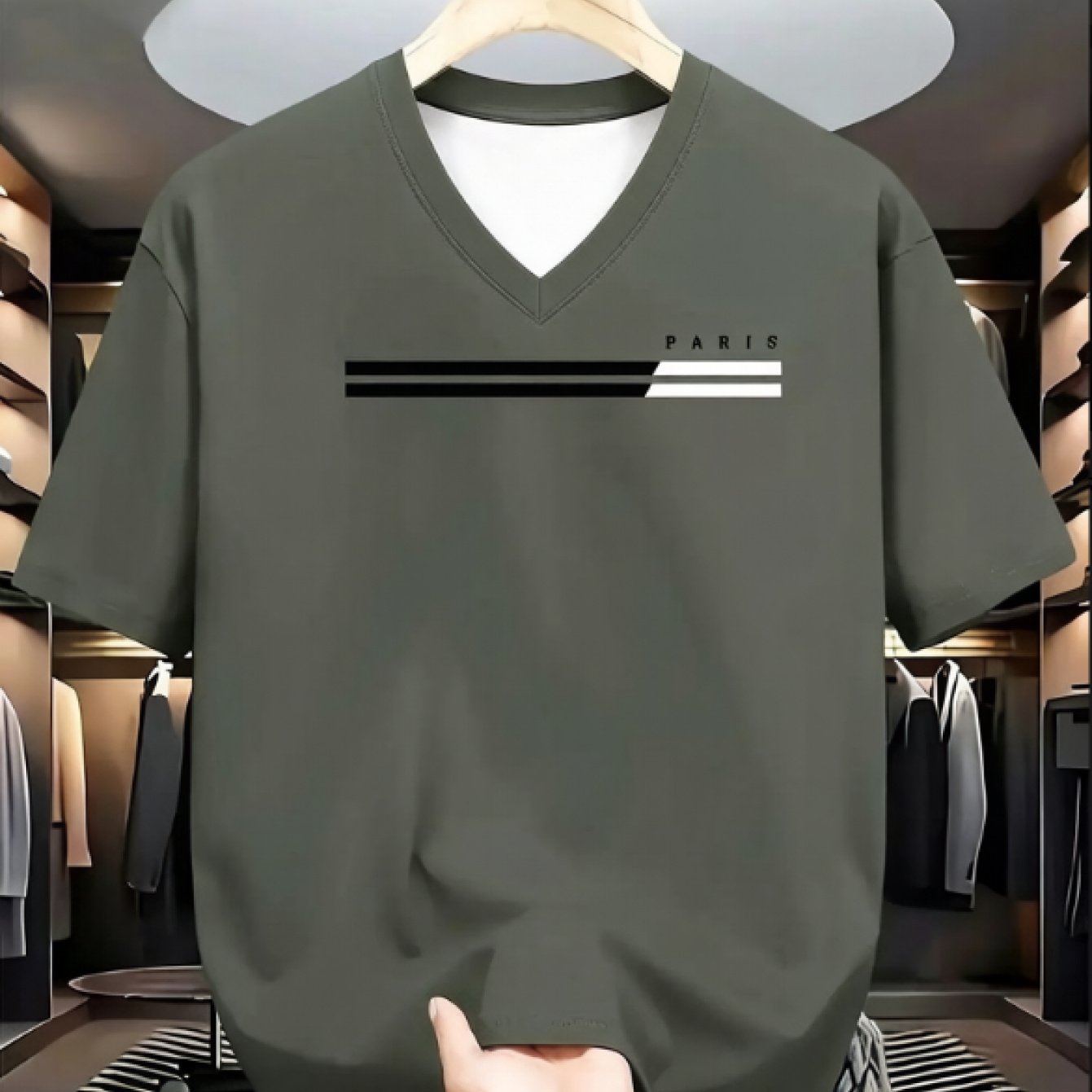 TEMU Men's Loose-fit Short-sleeve T-shirt - Striped Paris Letter Print, Dark Green With , Comfortable Stretch Fabric, V-neck Casual Summer Top,