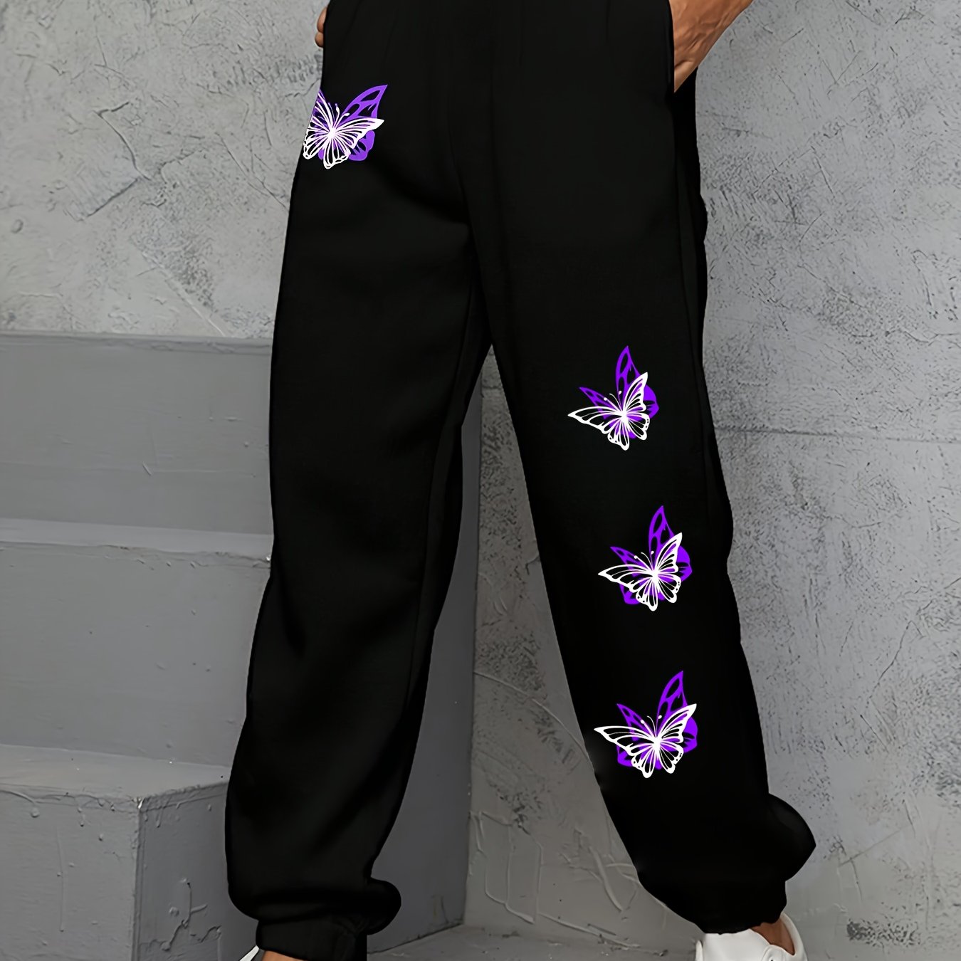 TEMU Purple Pattern Black Casual Pants, Fashionable Versatile Women's Sweatpants, Comfortable Loose Design, Suitable For Casual Attire