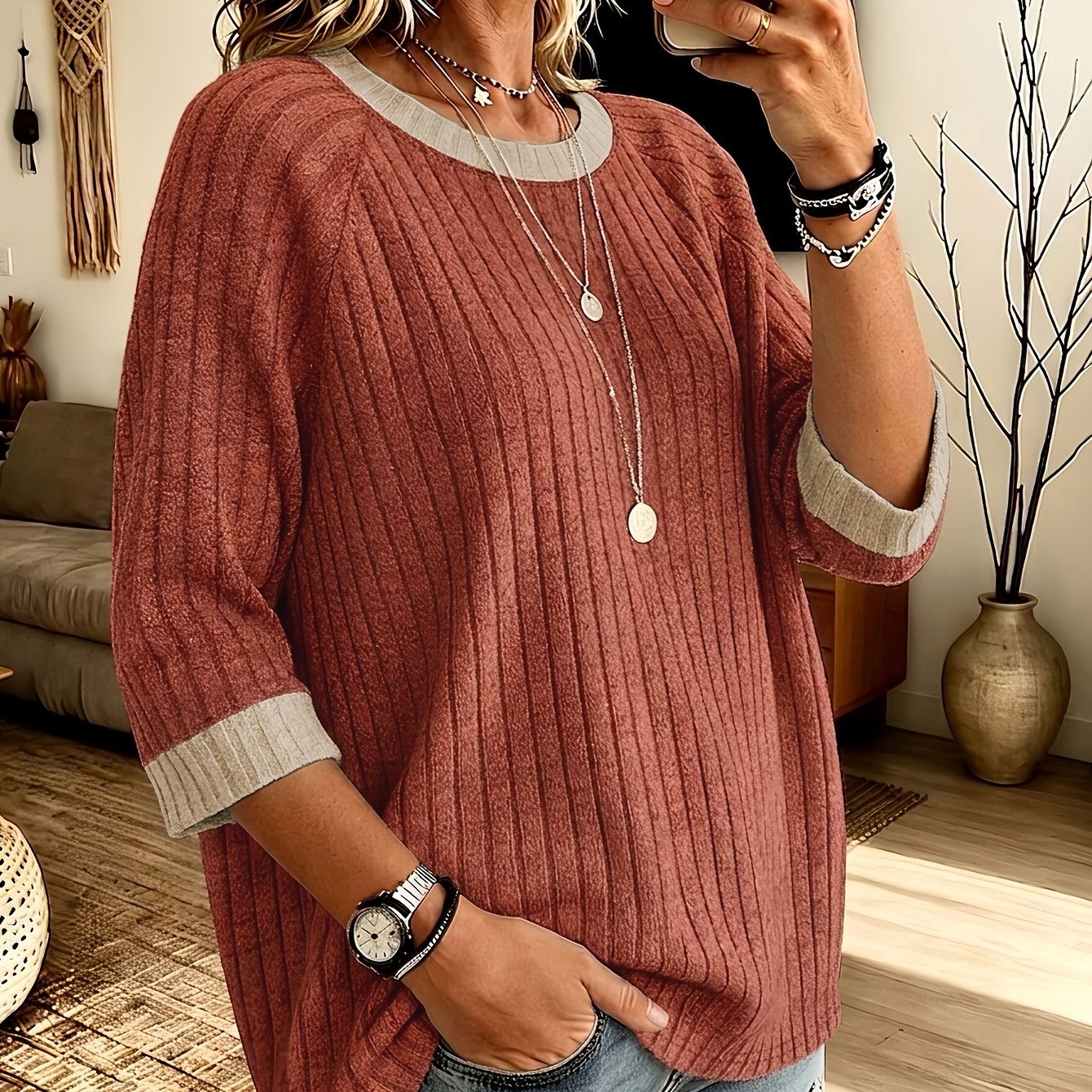 TEMU Women's Fashion 3/4 Sleeve Top, Comfortable Casual Color Block Basic Loose Neck Three-quarter Sleeve T-shirt