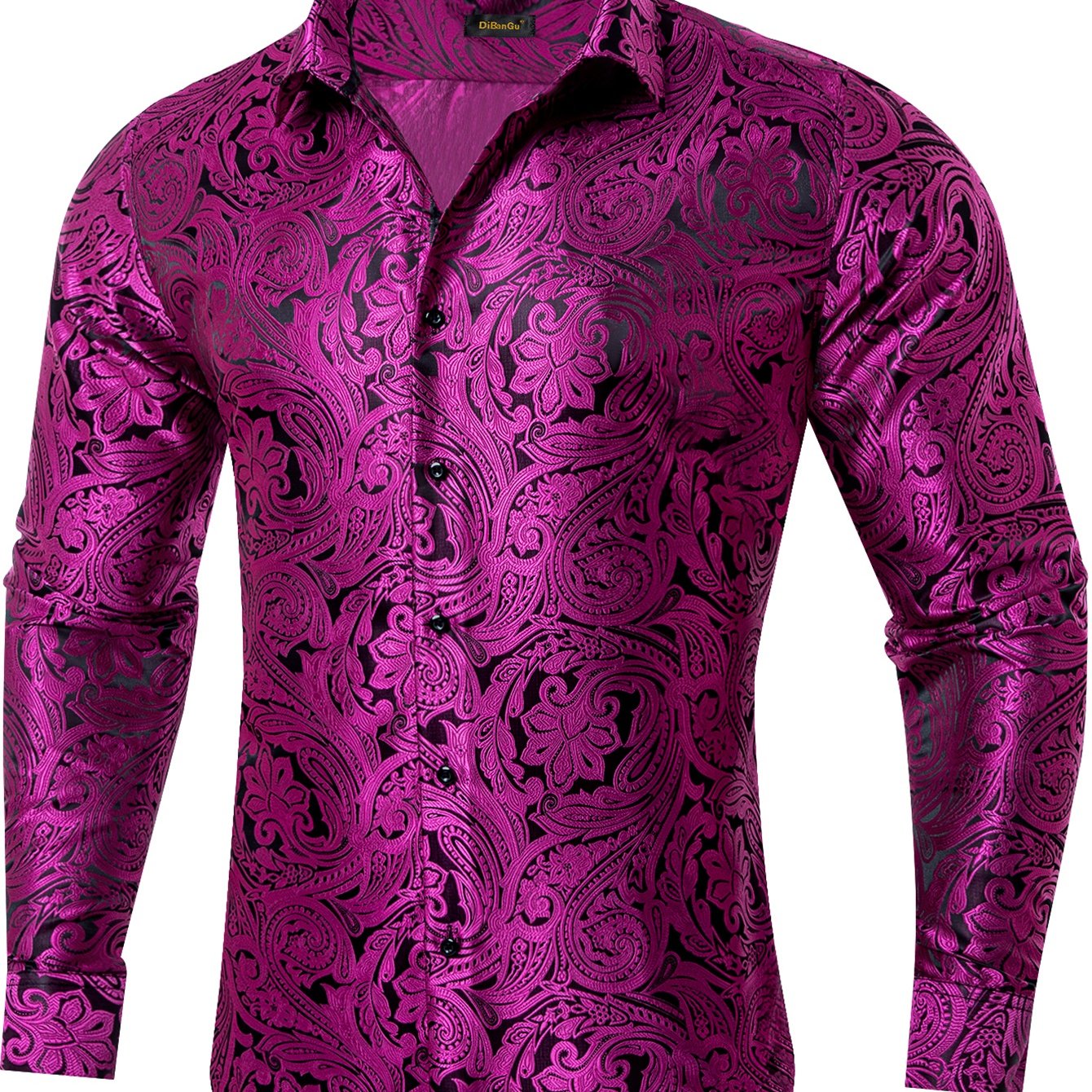 Men's Purple Black Paisley Jacquard Dress Shirt | Long Sleeve Button, Vintage Style, Single Breasted, Non-stretch Fabric, Perfect For And Nightclub