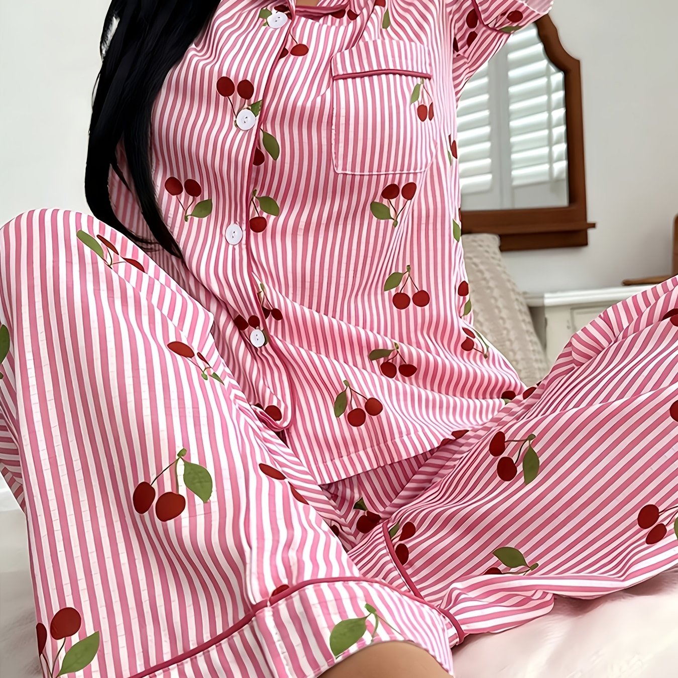 TEMU Women's Loose Casual Pink Striped Cherry Pattern Lapel Short Sleeve And Pants Pajama Set