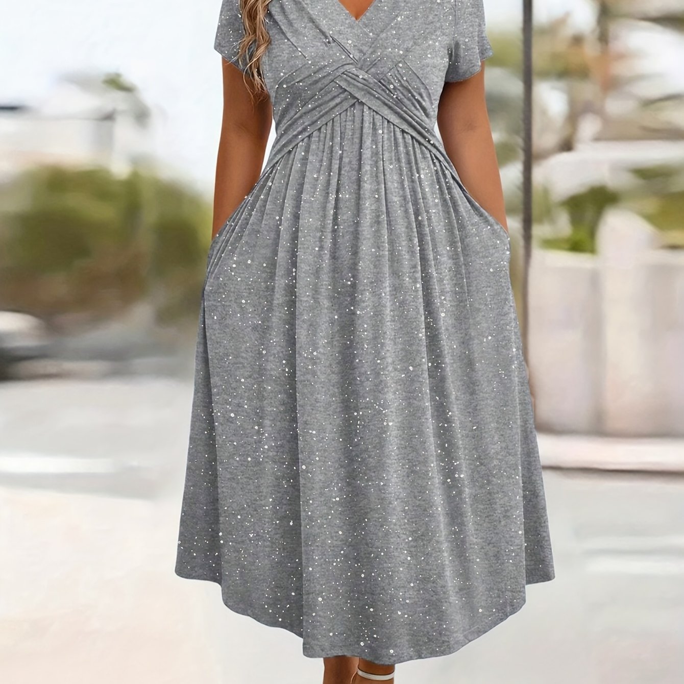 TEMU Talla Grande - Talla Grande - Vestido Elegante para Mujer de Talla Grande con de Nudo de Tul , Bolsillo y Cuello en V