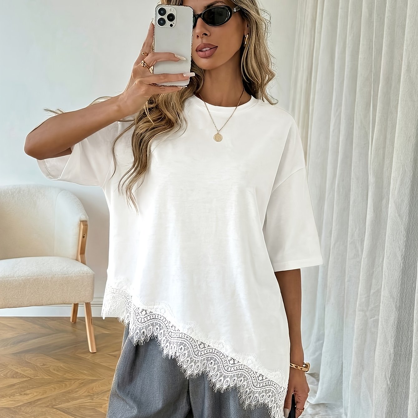TEMU Women's Top New Lace Hem Short Sleeve Casual T-shirt