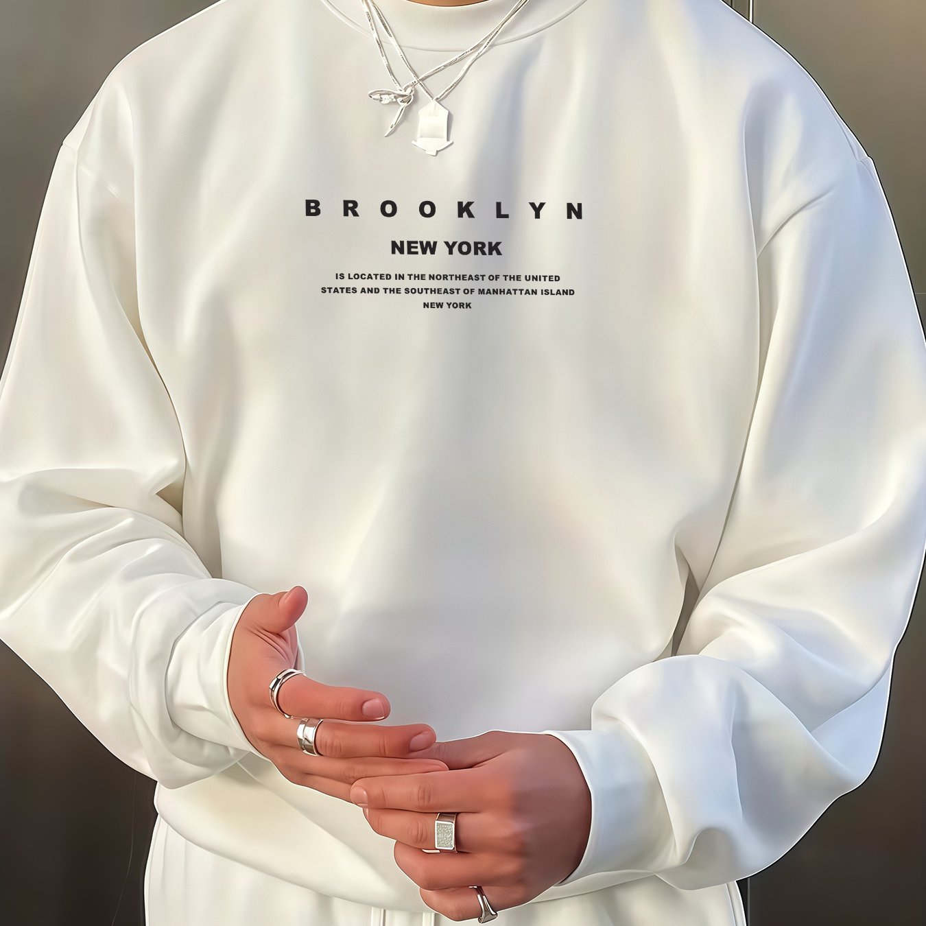 Image of Men' Brooklyn Print Crewneck Sweatshirt - Loose Fit, , Comfortable Everyday Wear, Ideal For Fall/winter, Versatile Layering Piece, From Poland