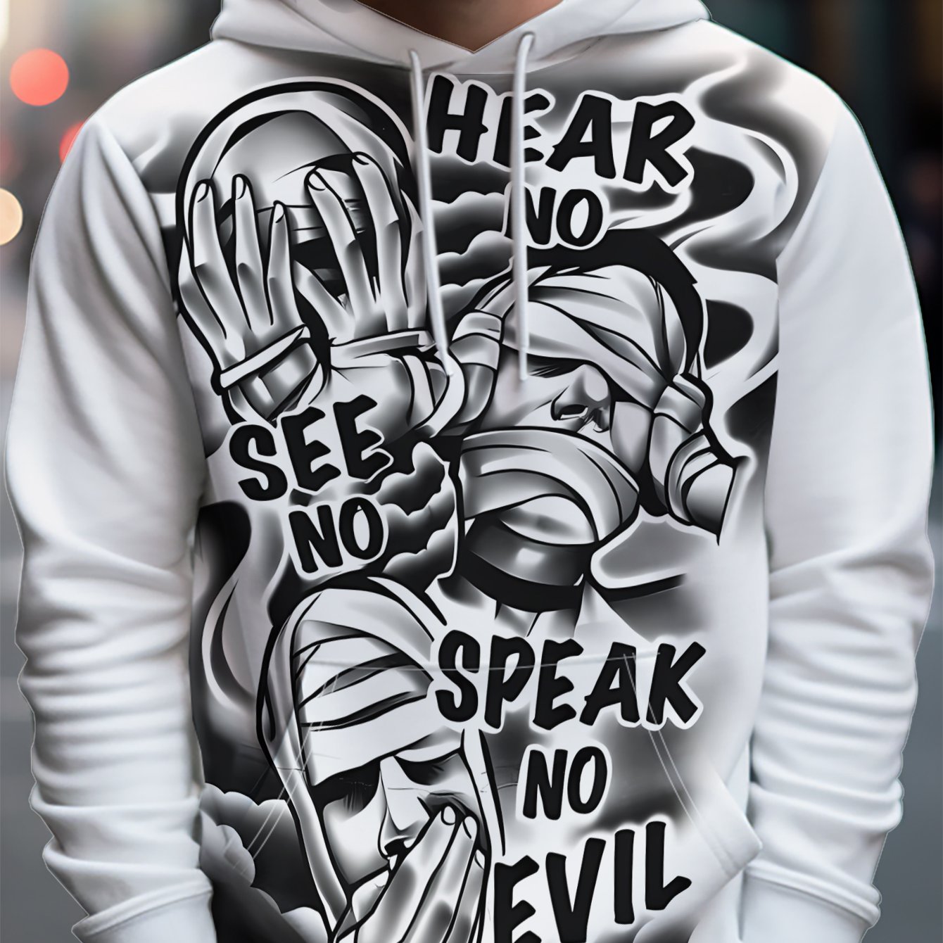 TEMU Men's Streetwear Hooded Sweatshirt In Black And , Featuring Wise Monkeys Symbol With The Text "see No Evil, No Evil, Speak No Evil" - Full Of