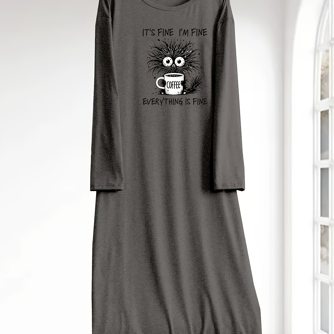 TEMU Plus Size Women's " Fine " Print Sleep Dress - Grey Long Sleeve Lounge Nightgown, Soft Stretchy Fabric, Machine Washable, Cozy Fall Homewear,