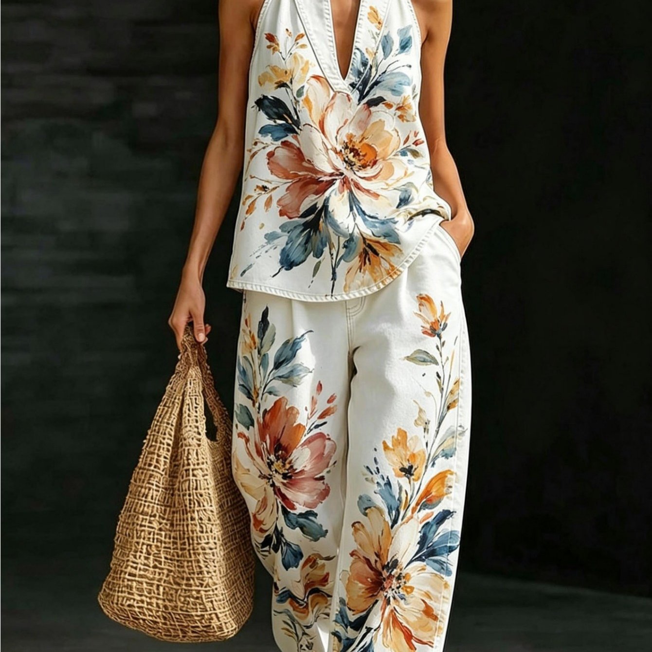 Image of Plus Size, Summer Oil Painting-style Large Floral Print Halter Neck V-neck Tank Top And Wide-leg Pants 2pcs Set, French Retro Art Vacation Outfit