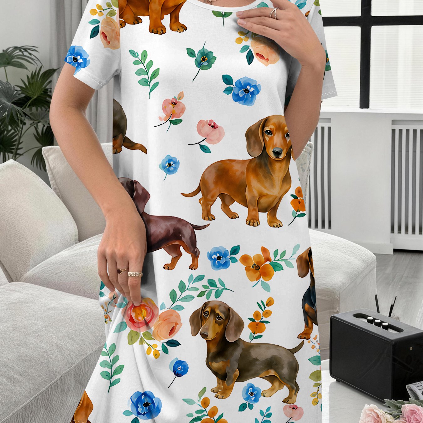 TEMU Women's Nightgown, With Watercolor Dachshund And Floral Patterns, Cute Casual Nightdress For Comfortable Indoor Wear, Ladies' Sleepwear, Elegant