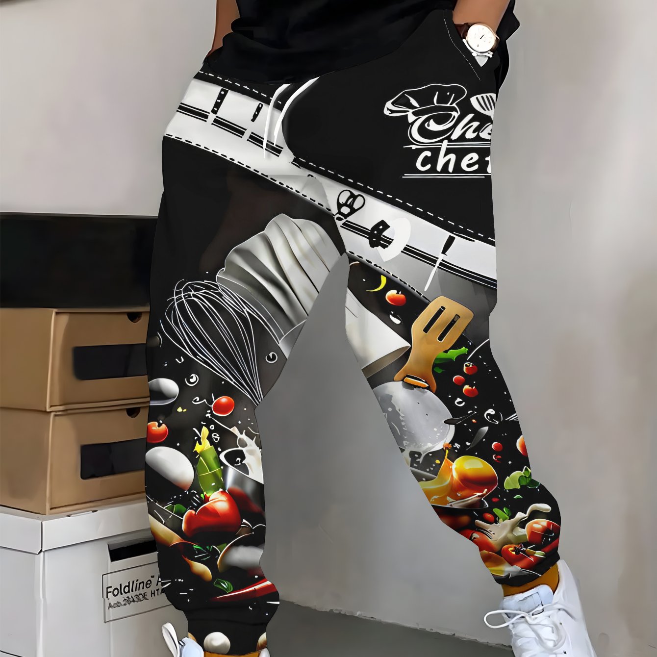 TEMU Pantaloni da tuta da con stampa, cappello da chef, utensili da cucina e ingredienti nel design di una spatola , con coulisse e tasche, pantaloni