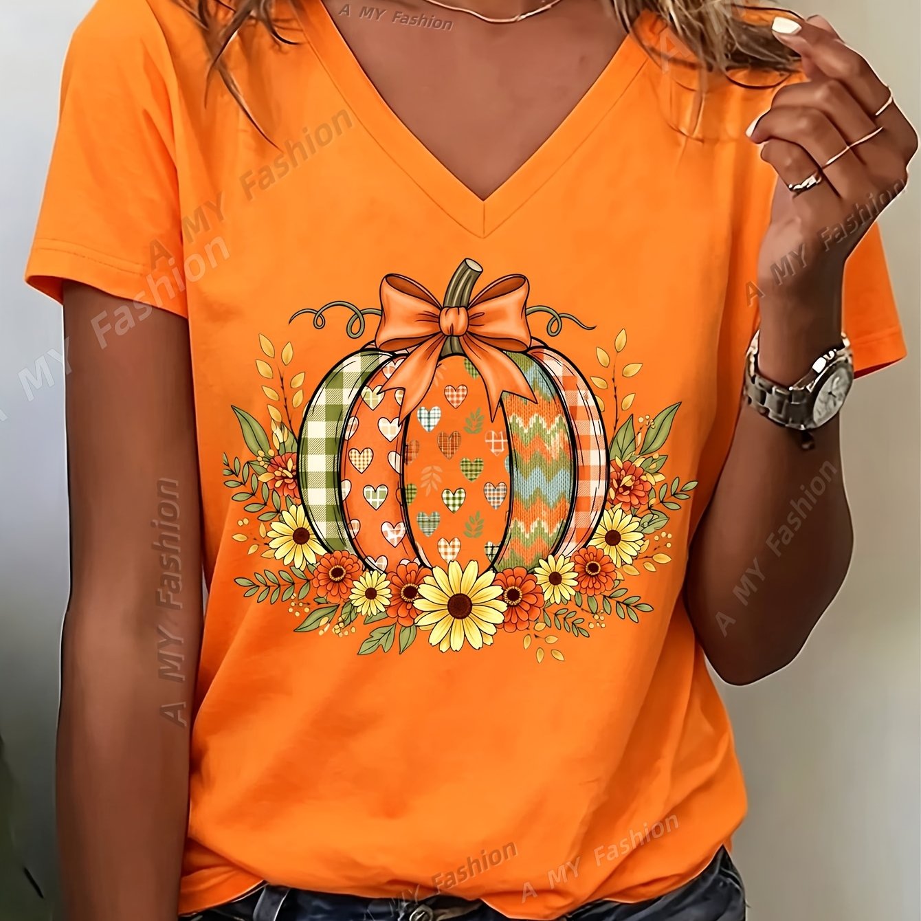 TEMU Women's V-neck T-shirt, Standard Size, Elegant Autumn Pumpkin Print, Suitable For Daily Life, Going Out, And Casual Wear, For , Elegant