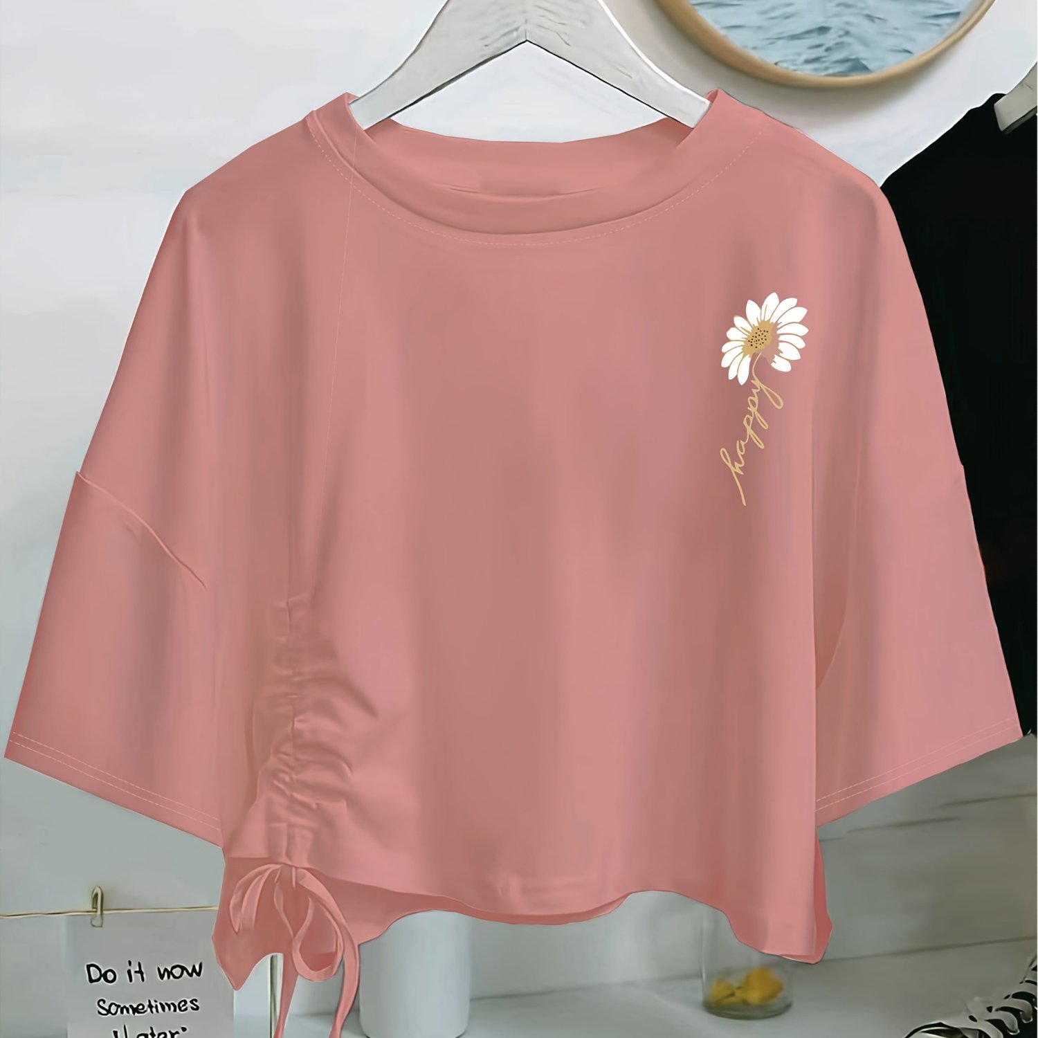 TEMU 1pc Women's Vintage Daisy Print Drawstring Crop Top T-shirt - Short Sleeve, Round Neck, Summer Casual Tee With And Ruched Detail, Casual Summer