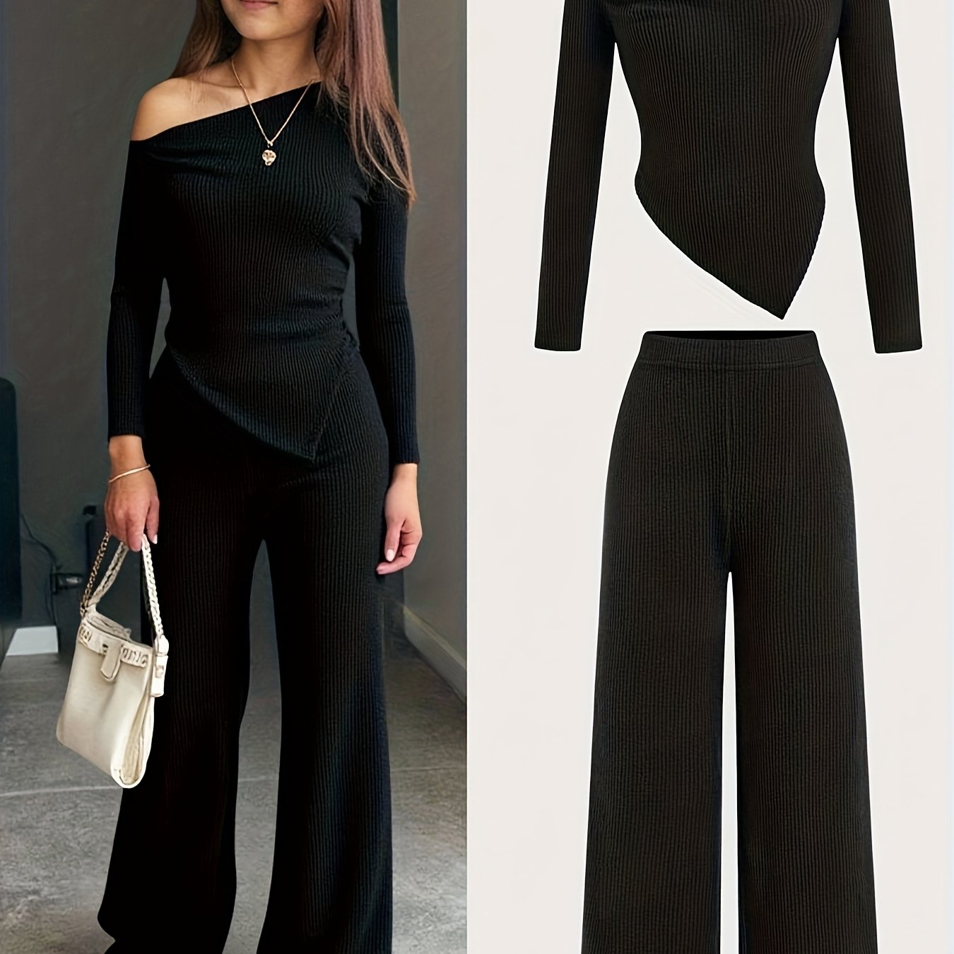 2-piece Set For Teen Girls: Casual Knit Asymmetrical Neck T-shirt + Wide-leg Pants Set, Suitable For Autumn/winter, Daily Casual Fall Wear