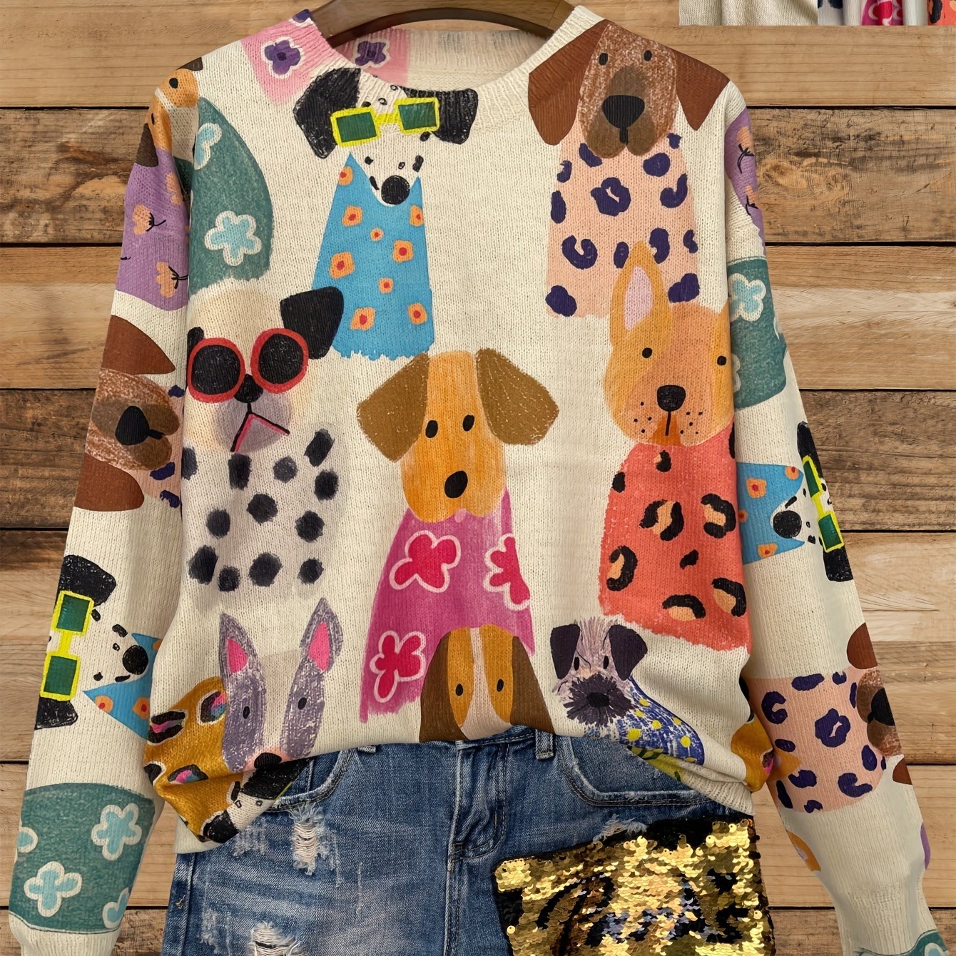 TEMU Women' Knit Sweater, Full Print, Lightweight, Cartoon Dogs Pattern, Round Neck, Long Sleeves, , Polyester, Regular Fit, , No Pads