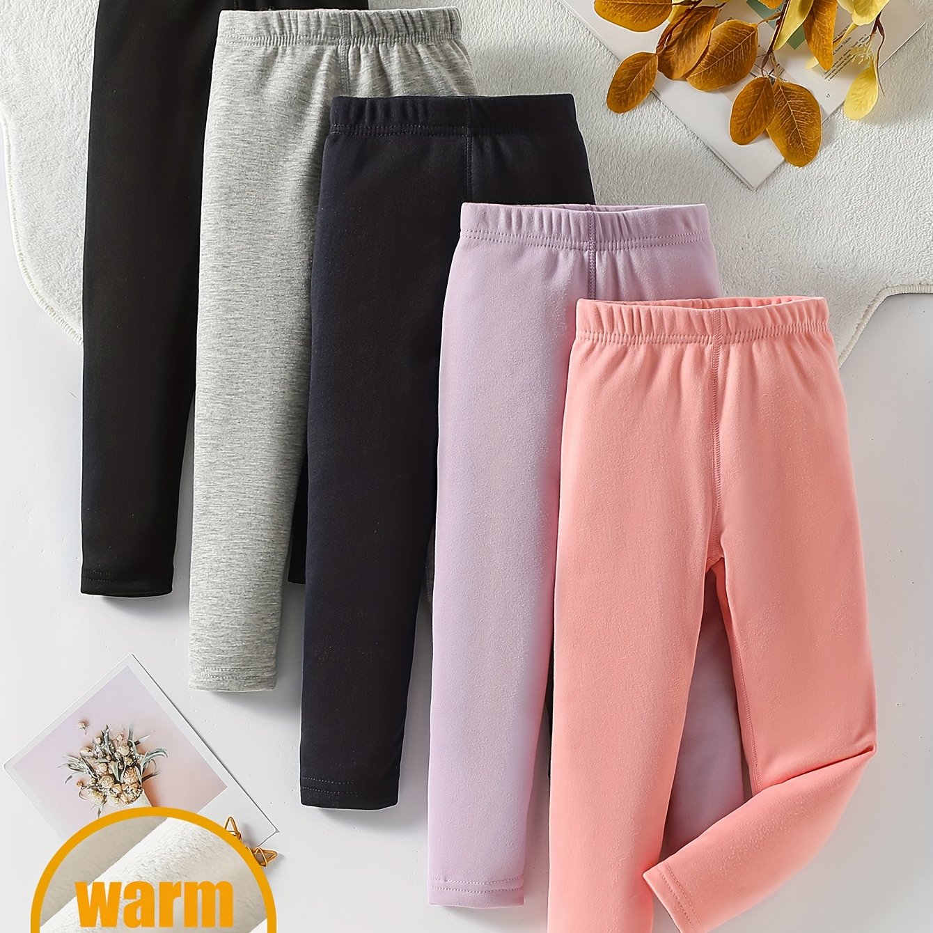 Autumn Winter 5pcs Girls' Leggings Set, Mid-big Kids Girls Fleece Thick High-stretch Tight Pants, Long Trousers With Elastic Waistband, Solid Color Versatile Leggings, Seamless Craft, 280g Fabric