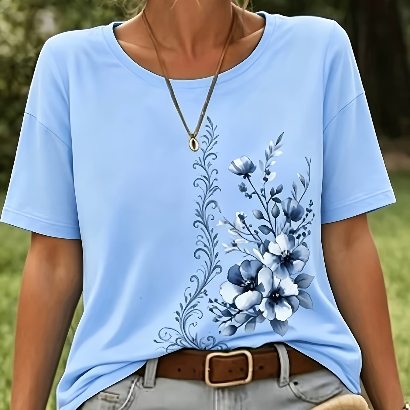 TEMU Plus Size, Flat Print Short-sleeved Top With Light , And White Floral Scroll Patterns, Elegant Side Print Branch, Soft Relaxed Fit, Round Neck