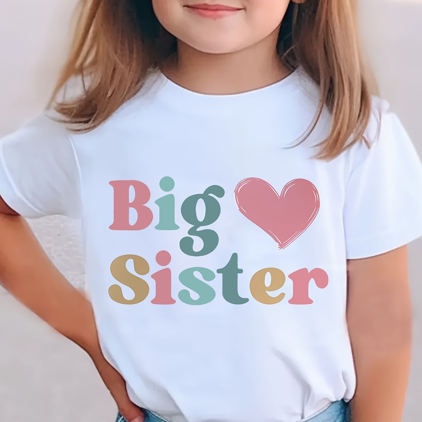 Image of Big Sister Girls' Letter And Heart Print Short Sleeve T-shirt Round Neck Summer Casual Top