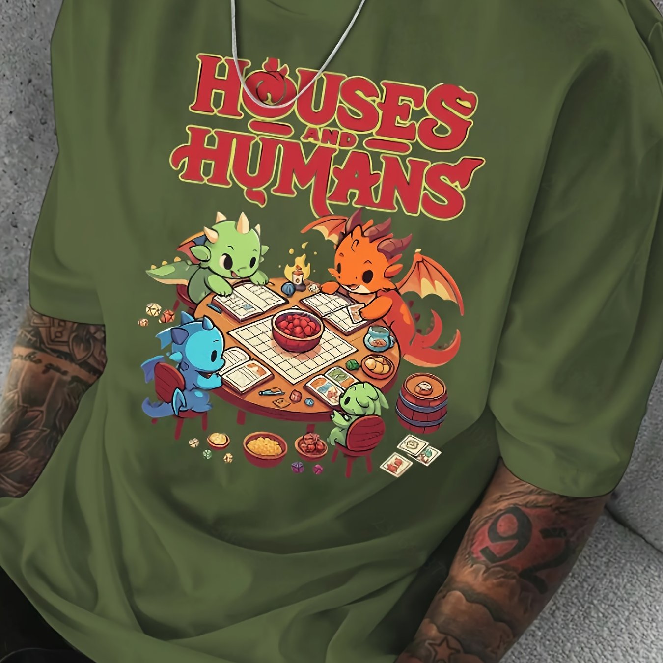 TEMU Men's Casual Short Sleeve T-shirt With Cozy Wooden House Pattern And Letter Print, Plus Size