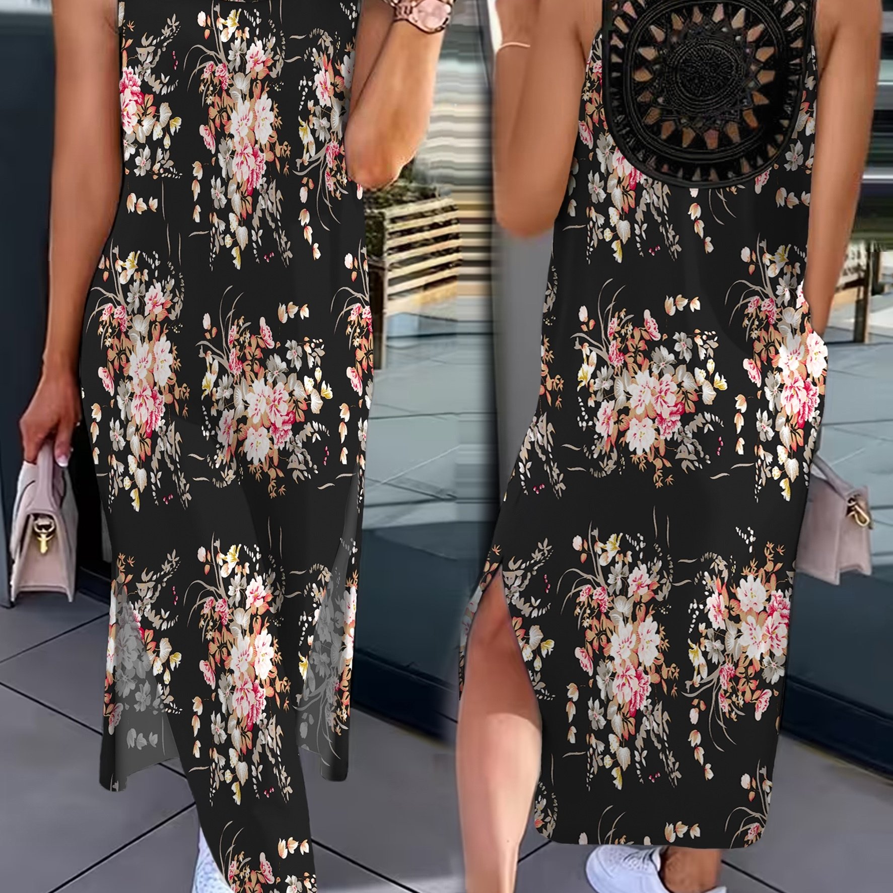 TEMU Plus Size, Women's Lace Round Neck Dress, Elegant Sleeveless Sundress For Casual Occasions - For A Fashionable Woman